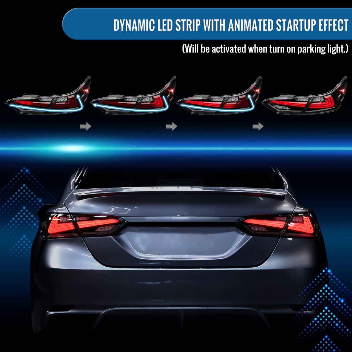 Ronnin - Fits 2018-2022 Toyota Camry Full LED Tail Lights Sequential Turn Signal + Animated Startup Effect Lamps Assembly Pair | Glossy Black