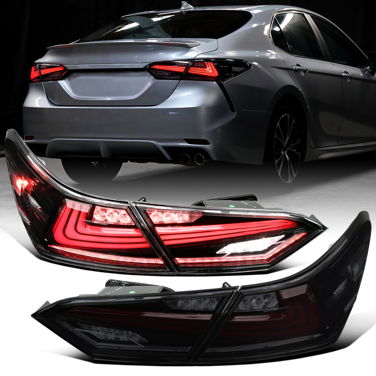 Ronnin - Fits 2018-2022 Toyota Camry Full LED Tail Lights Sequential Turn Signal + Animated Startup Effect Lamps Assembly Pair | Black Smoke
