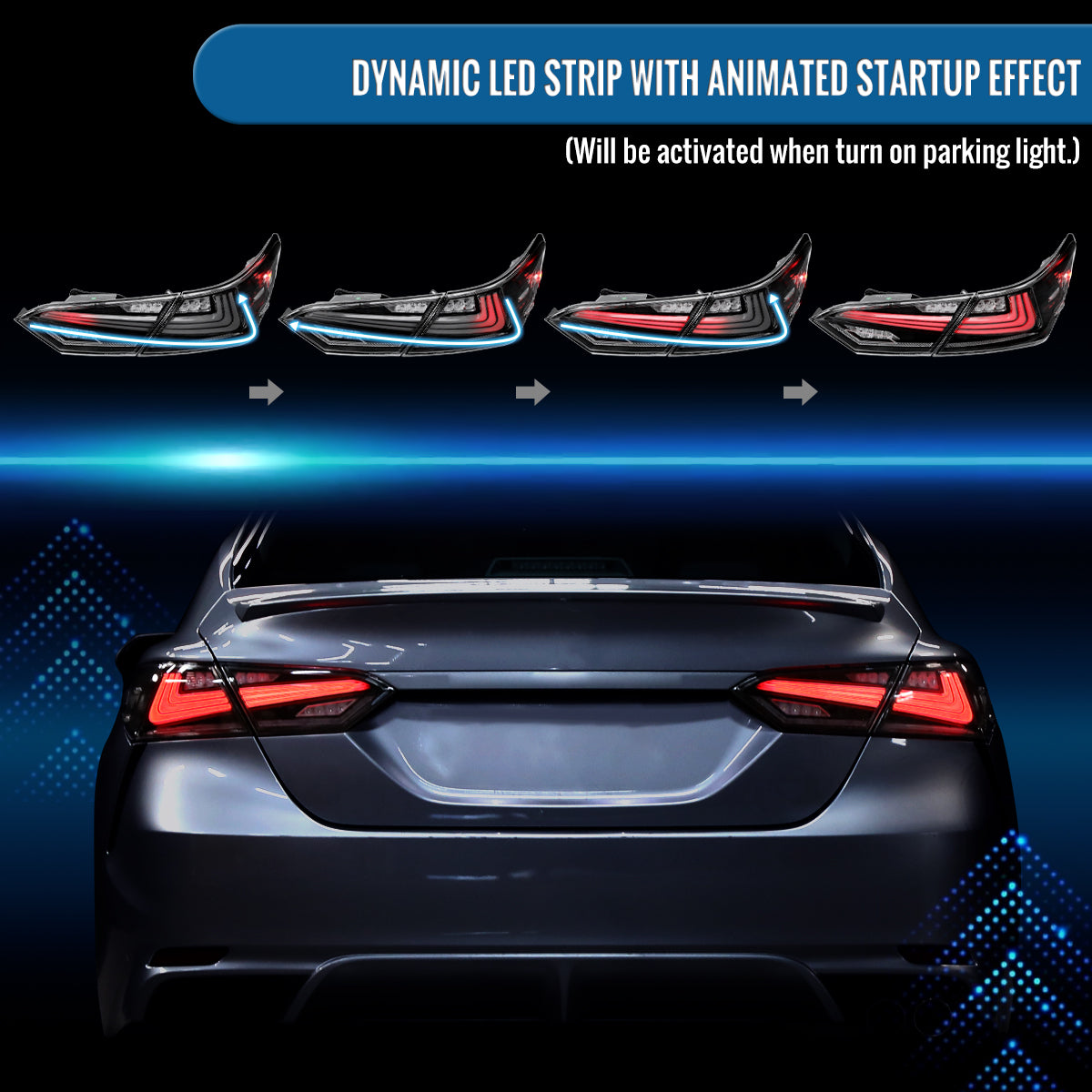 Ronnin - Fits 2018-2022 Toyota Camry Full LED Tail Lights Sequential Turn Signal + Animated Startup Effect Lamps Assembly Pair | Black