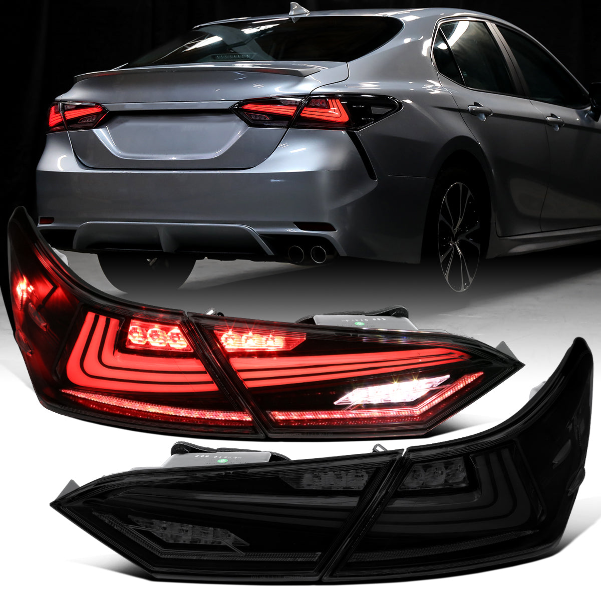 Ronnin - Fits 2018-2022 Toyota Camry Full LED Tail Lights Sequential Turn Signal + Animated Startup Effect Lamps Assembly Pair | Black Smoke