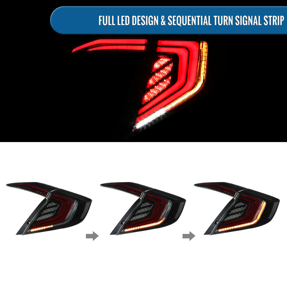 Ronnin - Fits 2016-2021 Honda Civic Sedan 4Dr Full LED Sequential Turn Signals + Animated Startup Effect Tail Lights Assembly Pair | Black Smoke