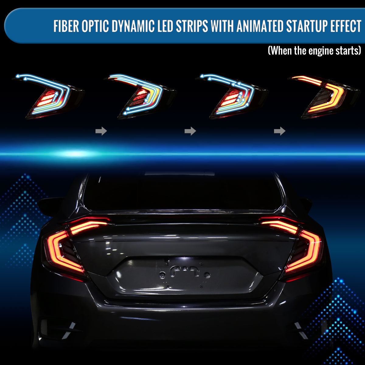 Ronnin - Fits 2016-2021 Honda Civic Sedan 4Dr Full LED Sequential Turn Signals + Animated Startup Effect Tail Lights Assembly Pair | Black Smoke