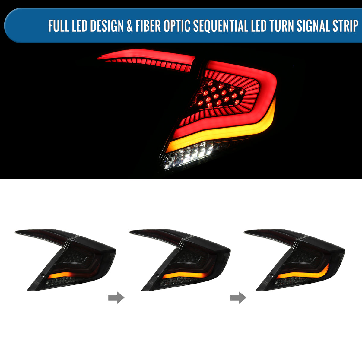 Ronnin - Fits 2016-2021 Honda Civic Sedan 4Dr Aggressive Full LED Sequential Turn Signals + Animated Startup Effect Tail Lights Assembly Pair | Black Smoke