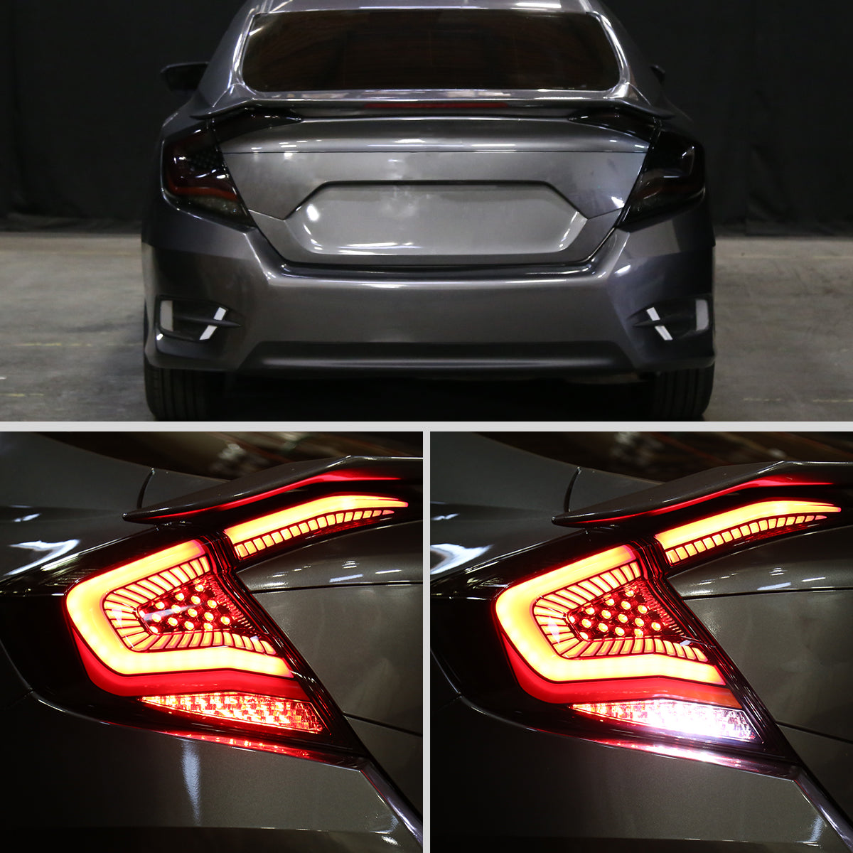Ronnin - Fits 2016-2021 Honda Civic Sedan 4Dr Aggressive Full LED Sequential Turn Signals + Animated Startup Effect Tail Lights Assembly Pair | Black Smoke