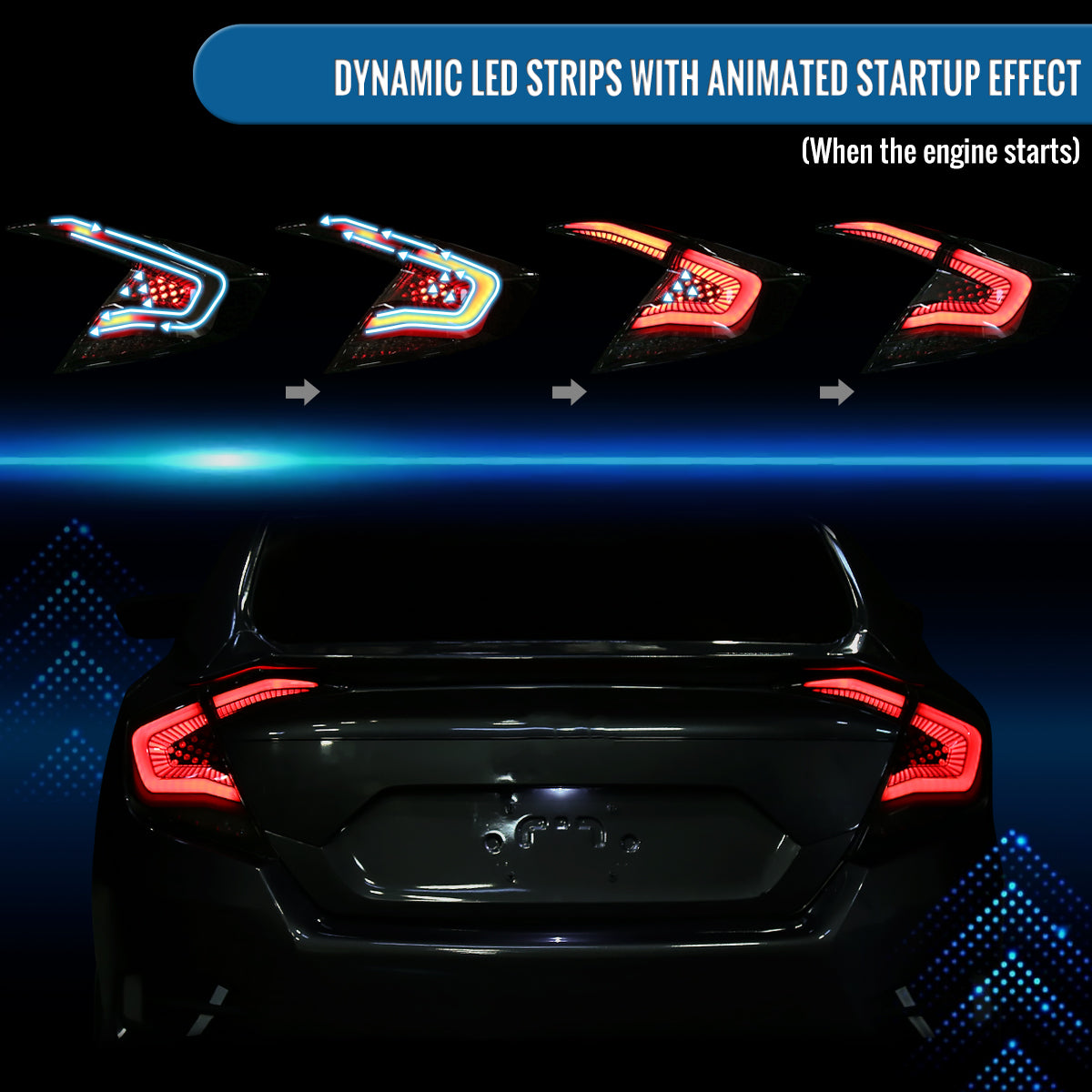 Ronnin - Fits 2016-2021 Honda Civic Sedan 4Dr Aggressive Full LED Sequential Turn Signals + Animated Startup Effect Tail Lights Assembly Pair | Black Smoke