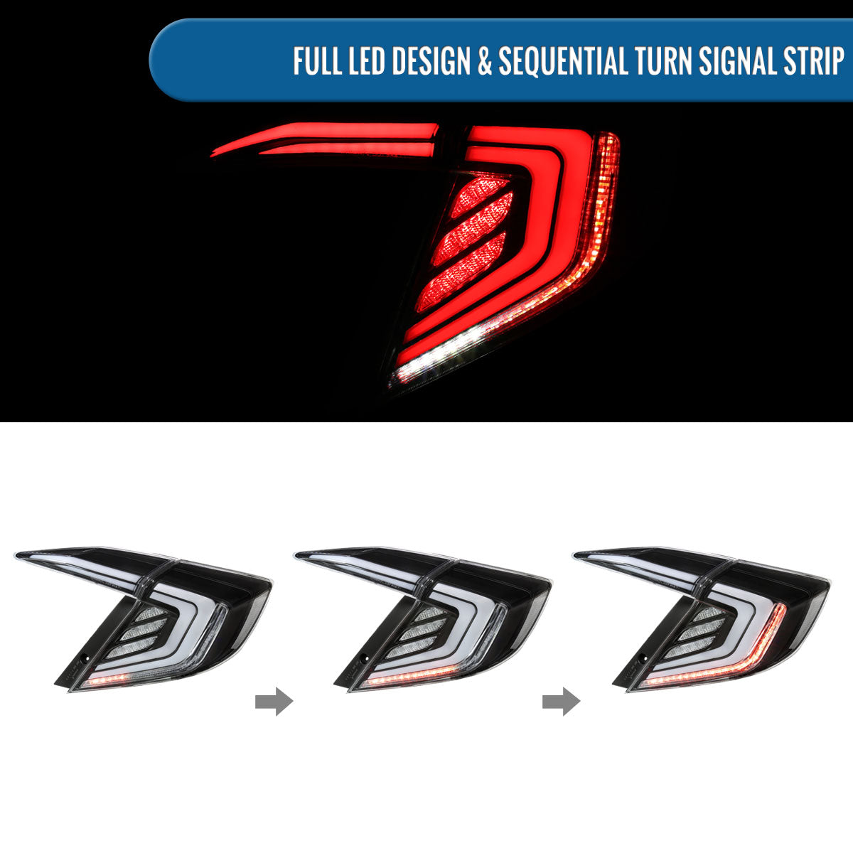 Ronnin - Fits 2016-2021 Honda Civic Sedan 4Dr Full LED Sequential Turn Signals + Animated Startup Effect Tail Lights Assembly Pair | Black