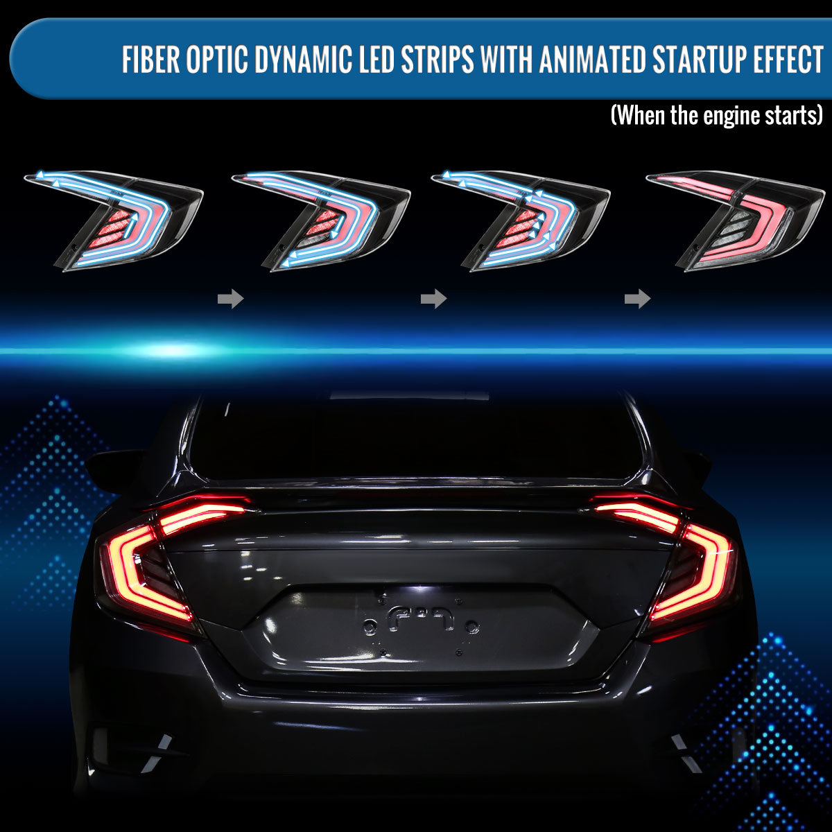 Ronnin - Fits 2016-2021 Honda Civic Sedan 4Dr Full LED Sequential Turn Signals + Animated Startup Effect Tail Lights Assembly Pair | Black