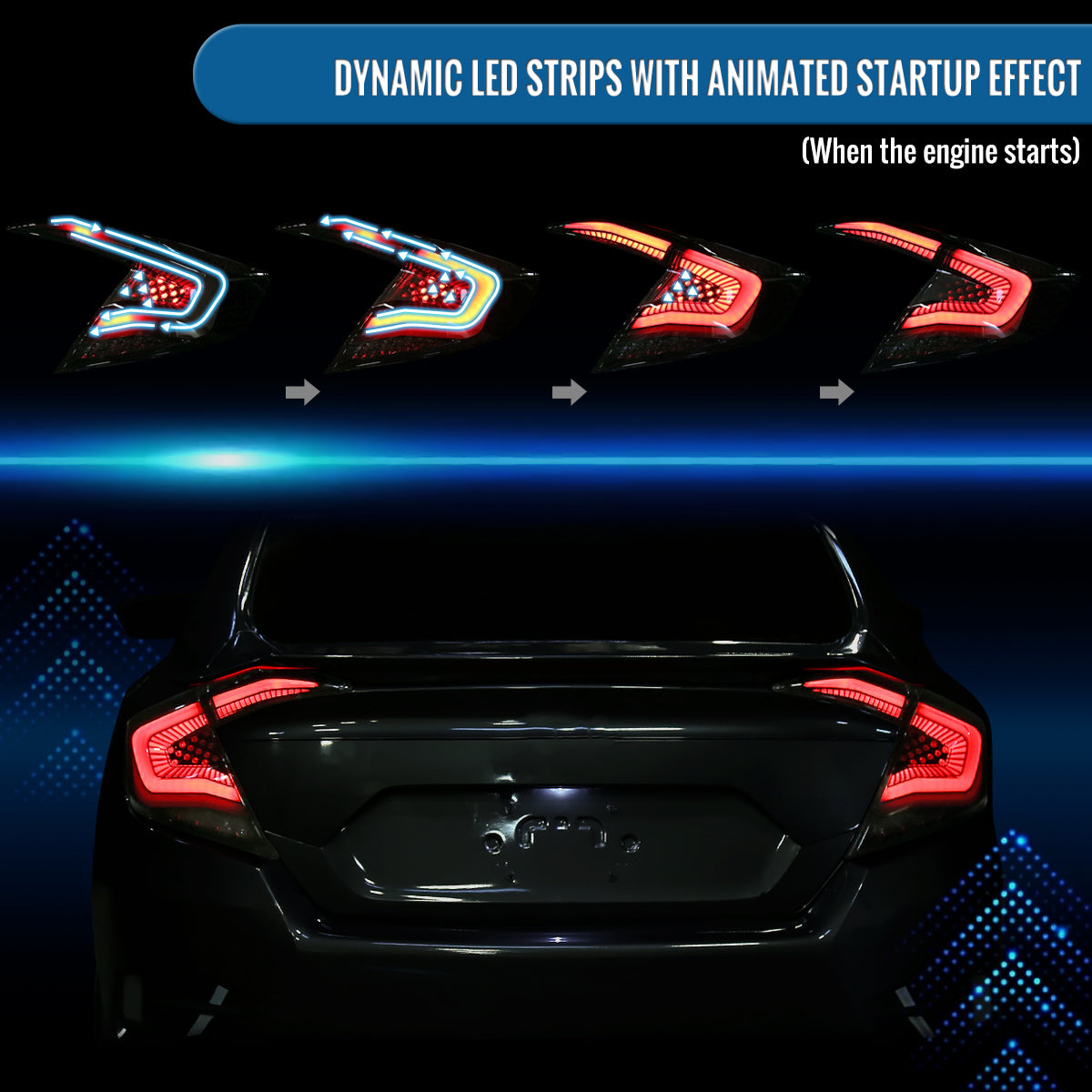 Ronnin - Fits 2016-2021 Honda Civic Sedan 4Dr Aggressive Full LED Sequential Turn Signals + Animated Startup Effect Tail Lights Assembly Pair | Black
