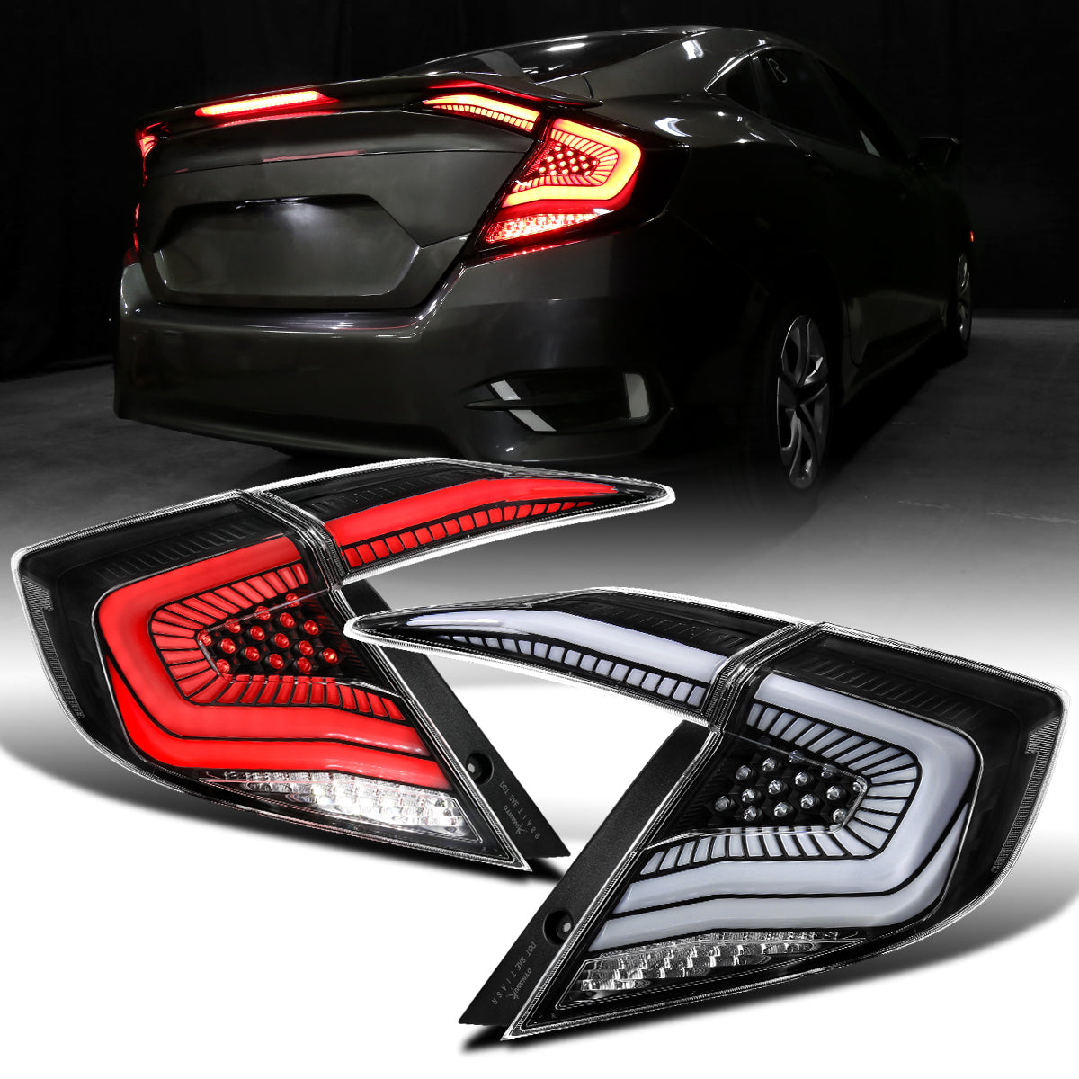 Ronnin - Fits 2016-2021 Honda Civic Sedan 4Dr Aggressive Full LED Sequential Turn Signals + Animated Startup Effect Tail Lights Assembly Pair | Black
