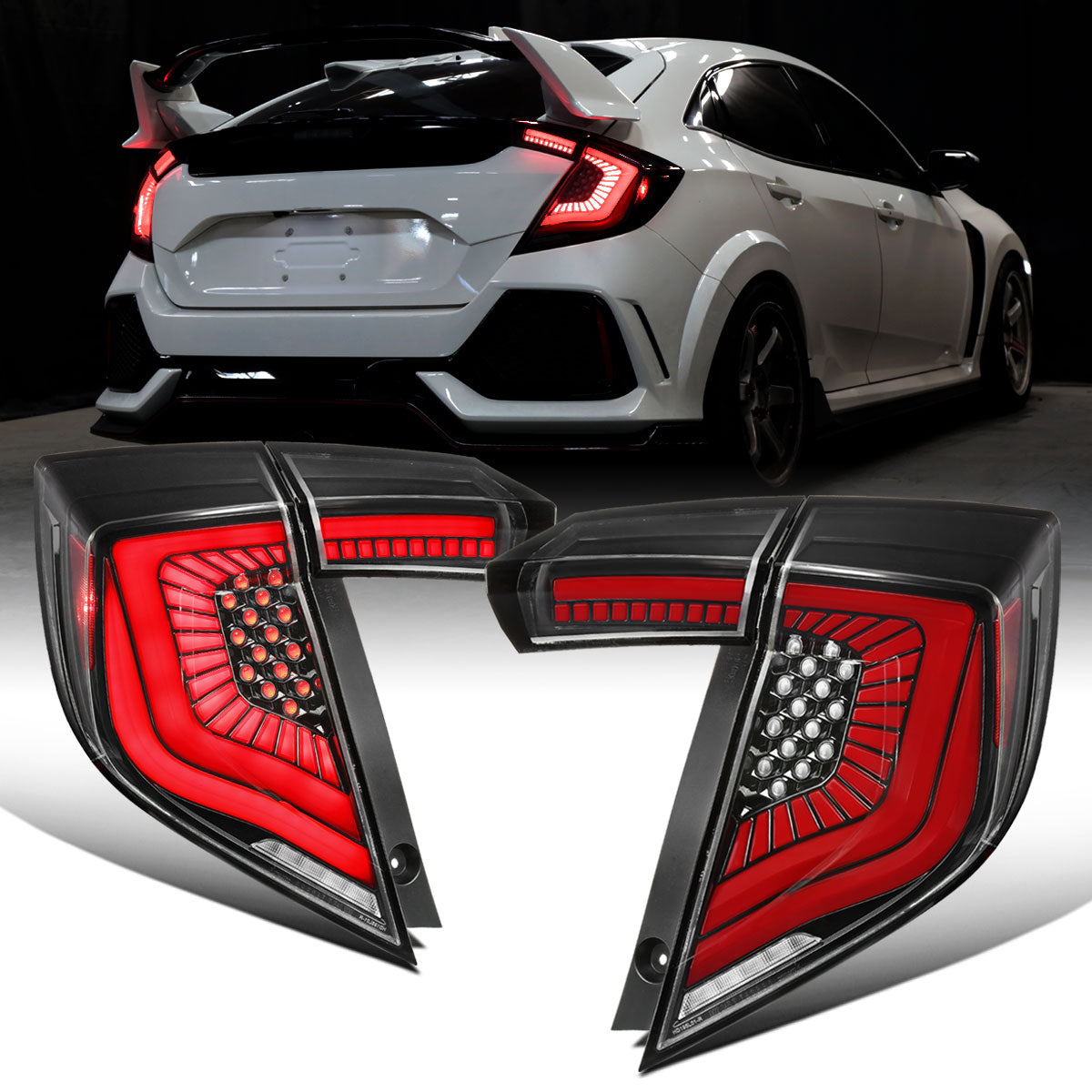Ronnin - Fits 2017-2021 Honda Civic Hatchback Full LED Tail Lights Animated Startup Effect + Sequential Signal Lamps Replacement Pair | Glossy Black