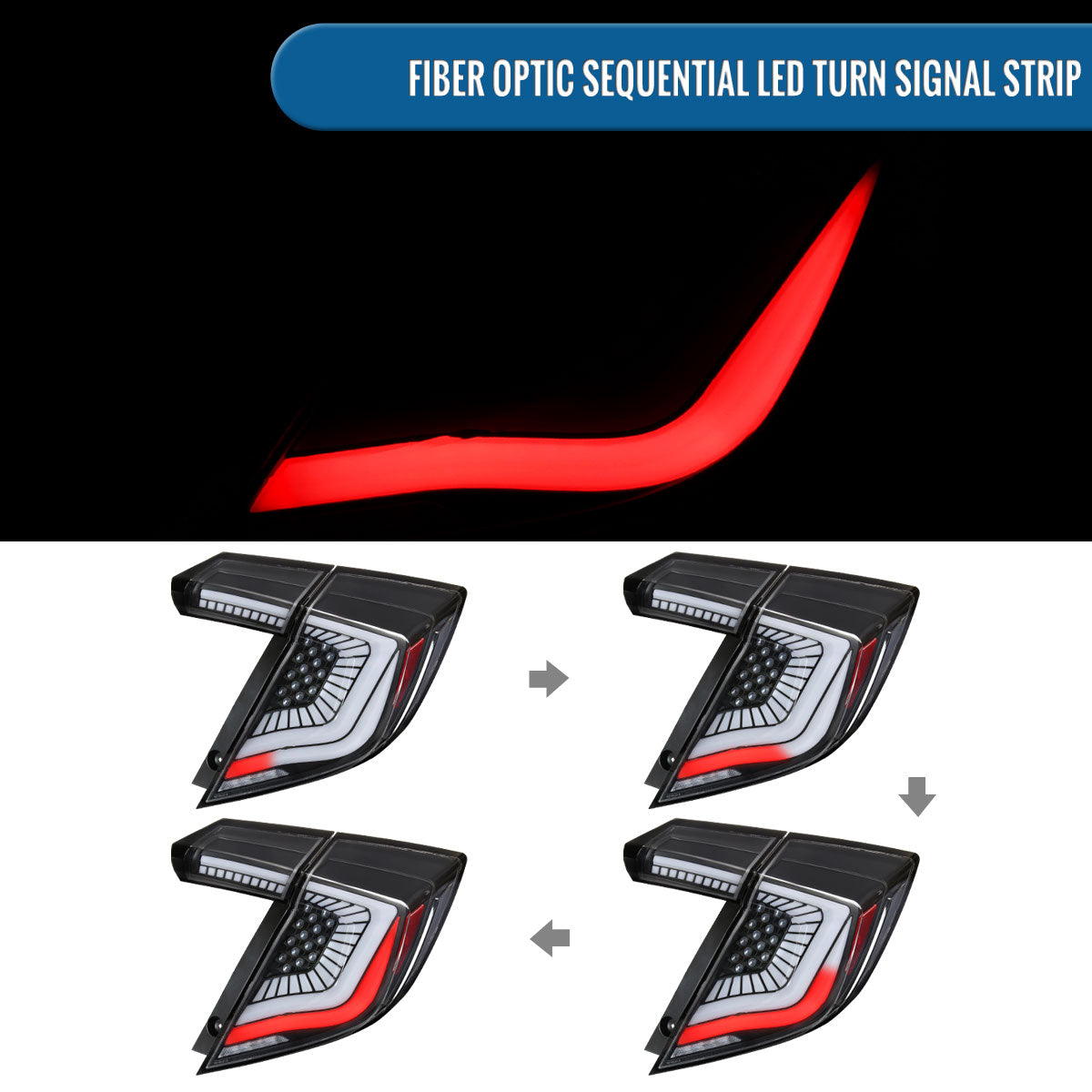 Ronnin - Fits 2017-2021 Honda Civic Hatchback Full LED Tail Lights Animated Startup Effect + Sequential Signal Lamps Replacement Pair | Black | White Tube