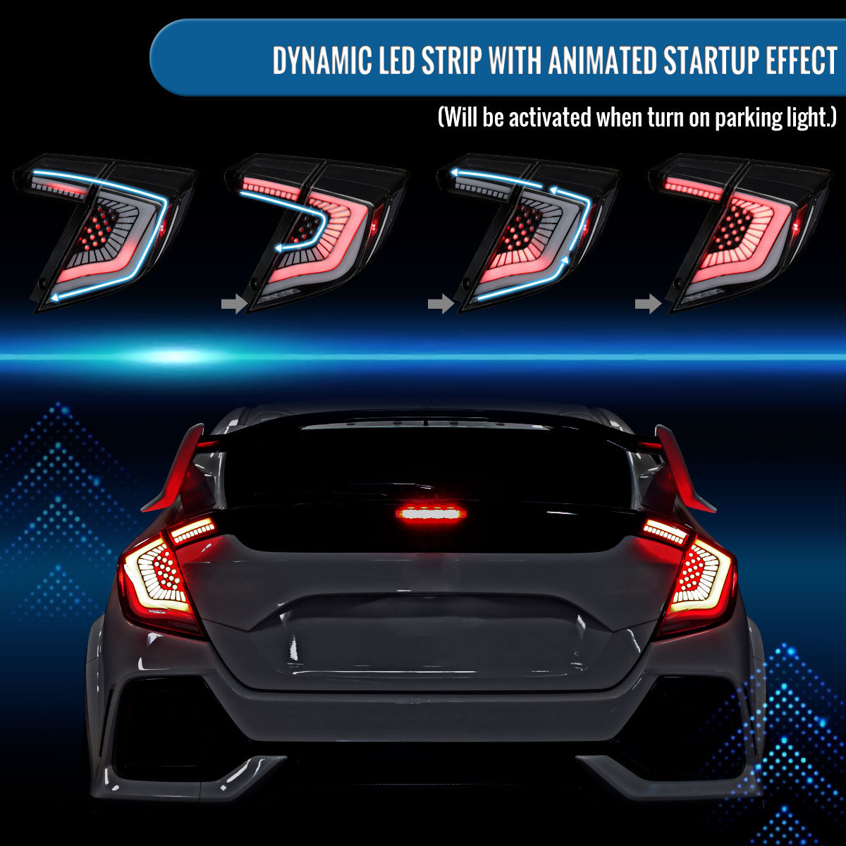 Ronnin - Fits 2017-2021 Honda Civic Hatchback Full LED Tail Lights Animated Startup Effect + Sequential Signal Lamps Replacement Pair | Black | White Tube