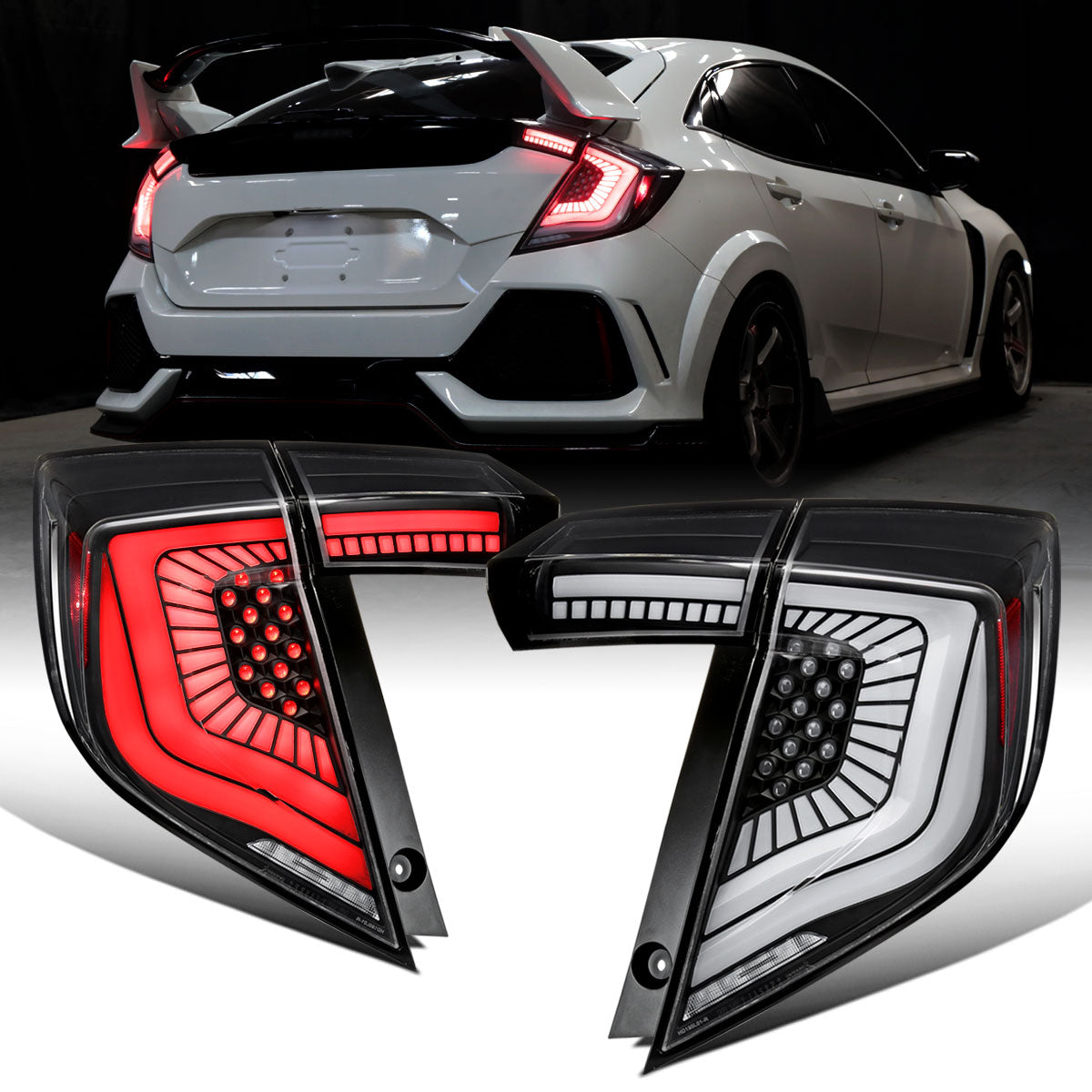 Ronnin - Fits 2017-2021 Honda Civic Hatchback Full LED Tail Lights Animated Startup Effect + Sequential Signal Lamps Replacement Pair | Black | White Tube