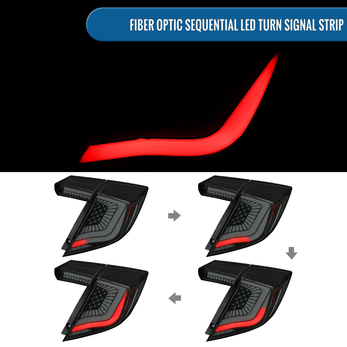 Ronnin - Fits 2017-2021 Honda Civic Hatchback Full LED Tail Lights Animated Startup Effect + Sequential Signal Lamps Replacement Pair | Black Smoke | White Tube
