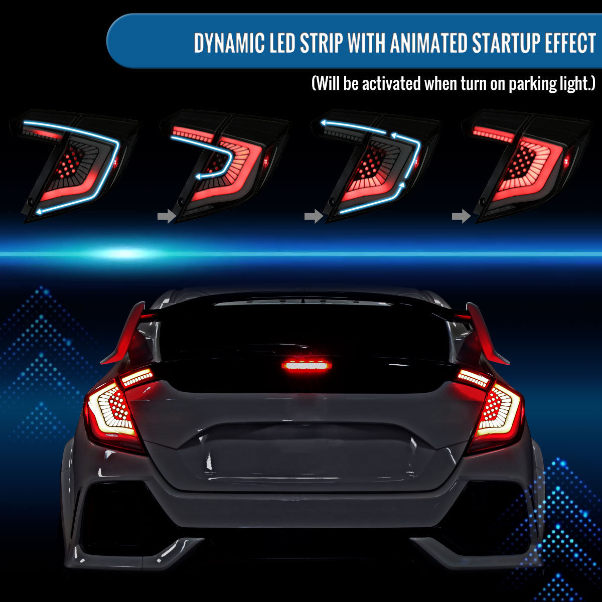 Ronnin - Fits 2017-2021 Honda Civic Hatchback Full LED Tail Lights Animated Startup Effect + Sequential Signal Lamps Replacement Pair | Black Smoke | White Tube
