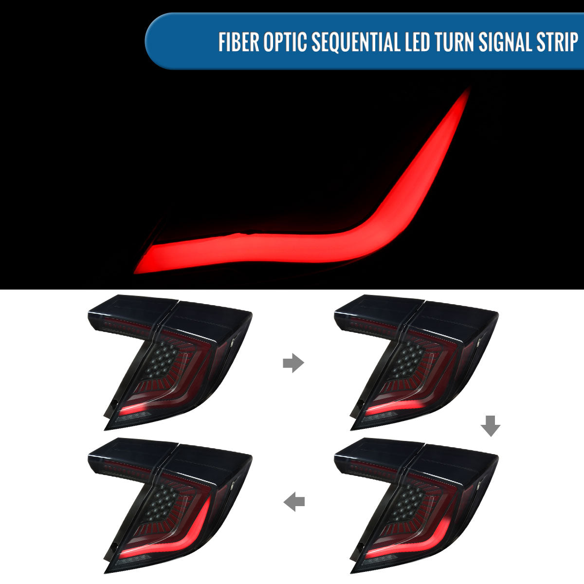 Ronnin - Fits 2017-2021 Honda Civic Hatchback Full LED Tail Lights Animated Startup Effect + Sequential Signal Lamps Replacement Pair | Black Smoke