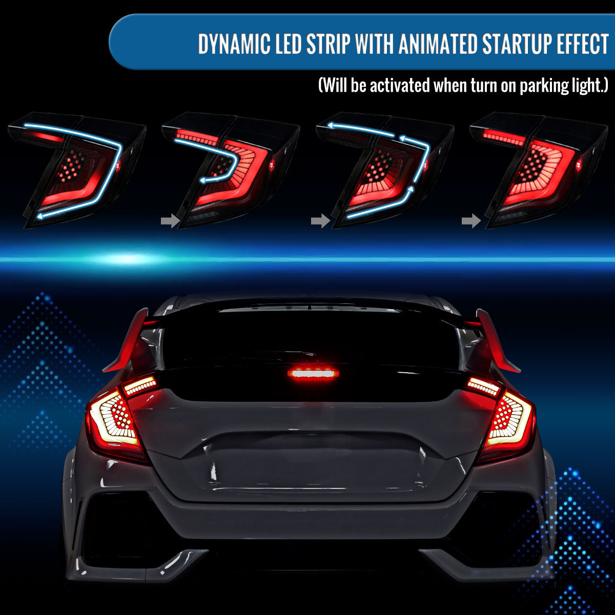 Ronnin - Fits 2017-2021 Honda Civic Hatchback Full LED Tail Lights Animated Startup Effect + Sequential Signal Lamps Replacement Pair | Black Smoke