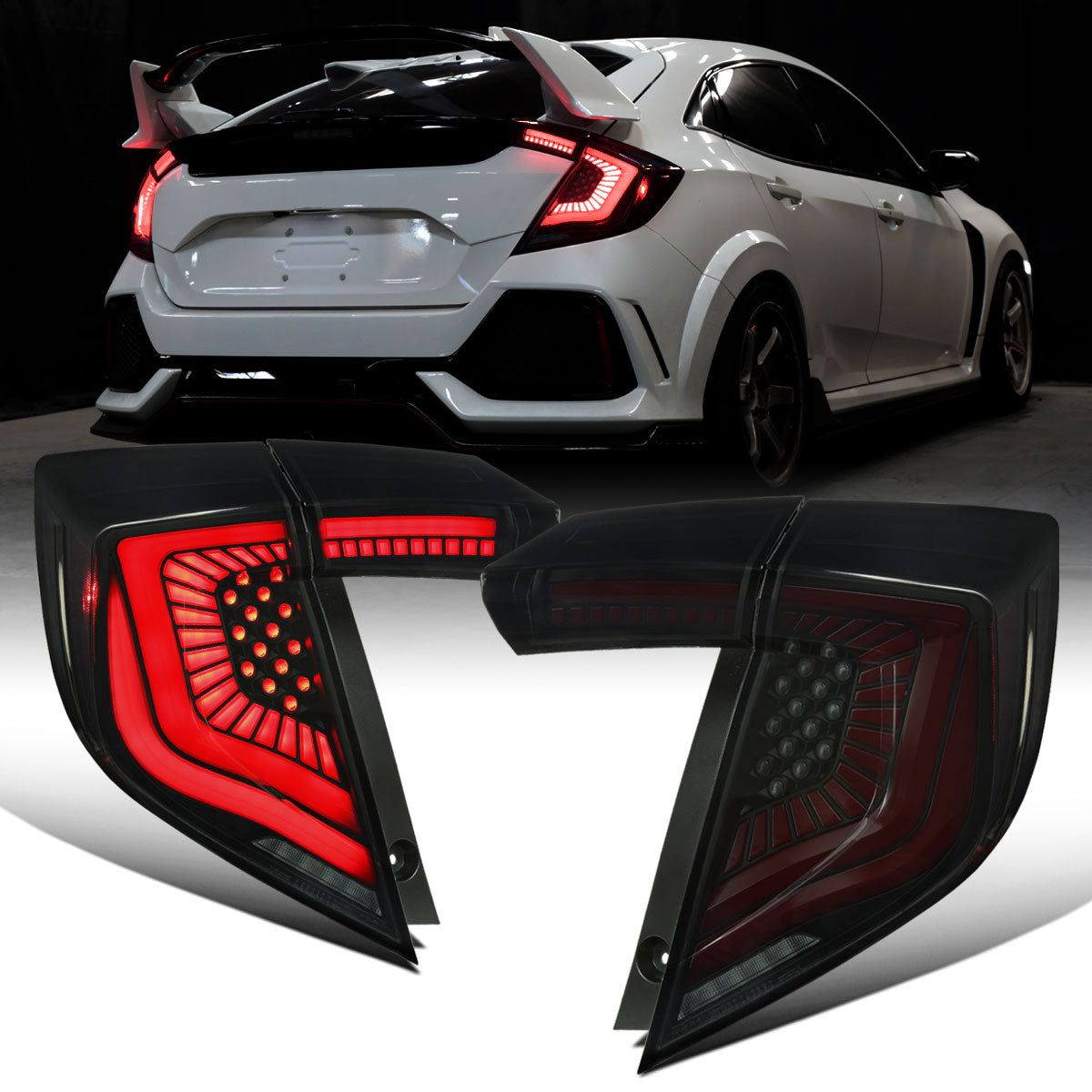 Ronnin - Fits 2017-2021 Honda Civic Hatchback Full LED Tail Lights Animated Startup Effect + Sequential Signal Lamps Replacement Pair | Black Smoke