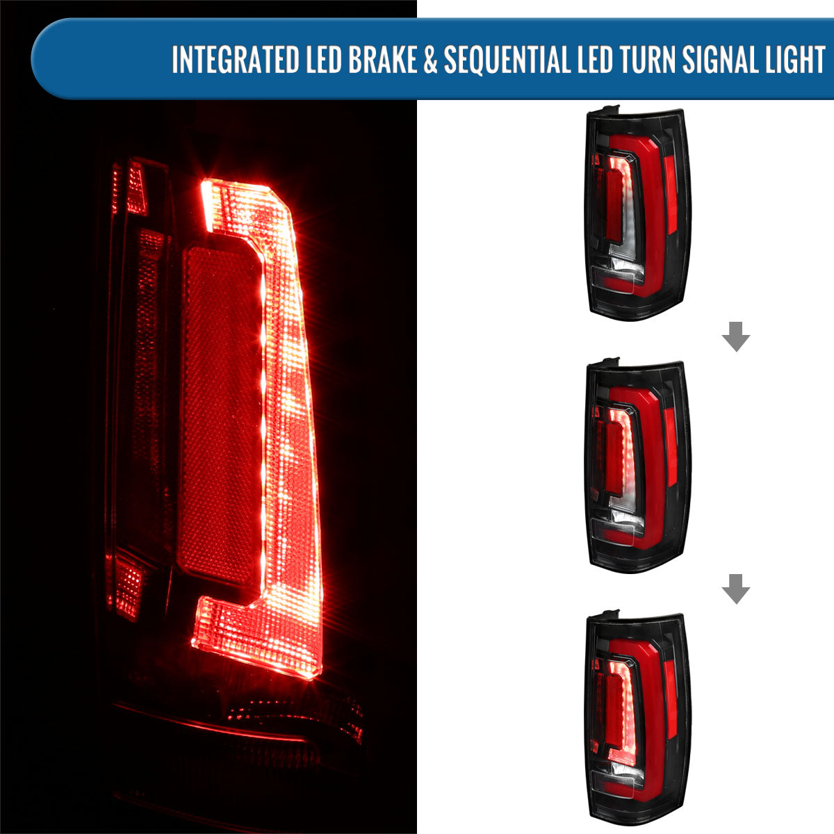Ronnin - Fits 2007-2014 Chevy Tahoe Suburban GMC Yukon Denali XL Tail Lights LED Integrated Brake and Sequential Turn Signals + Animated Startup Effect Assembly Pair | Glossy Black