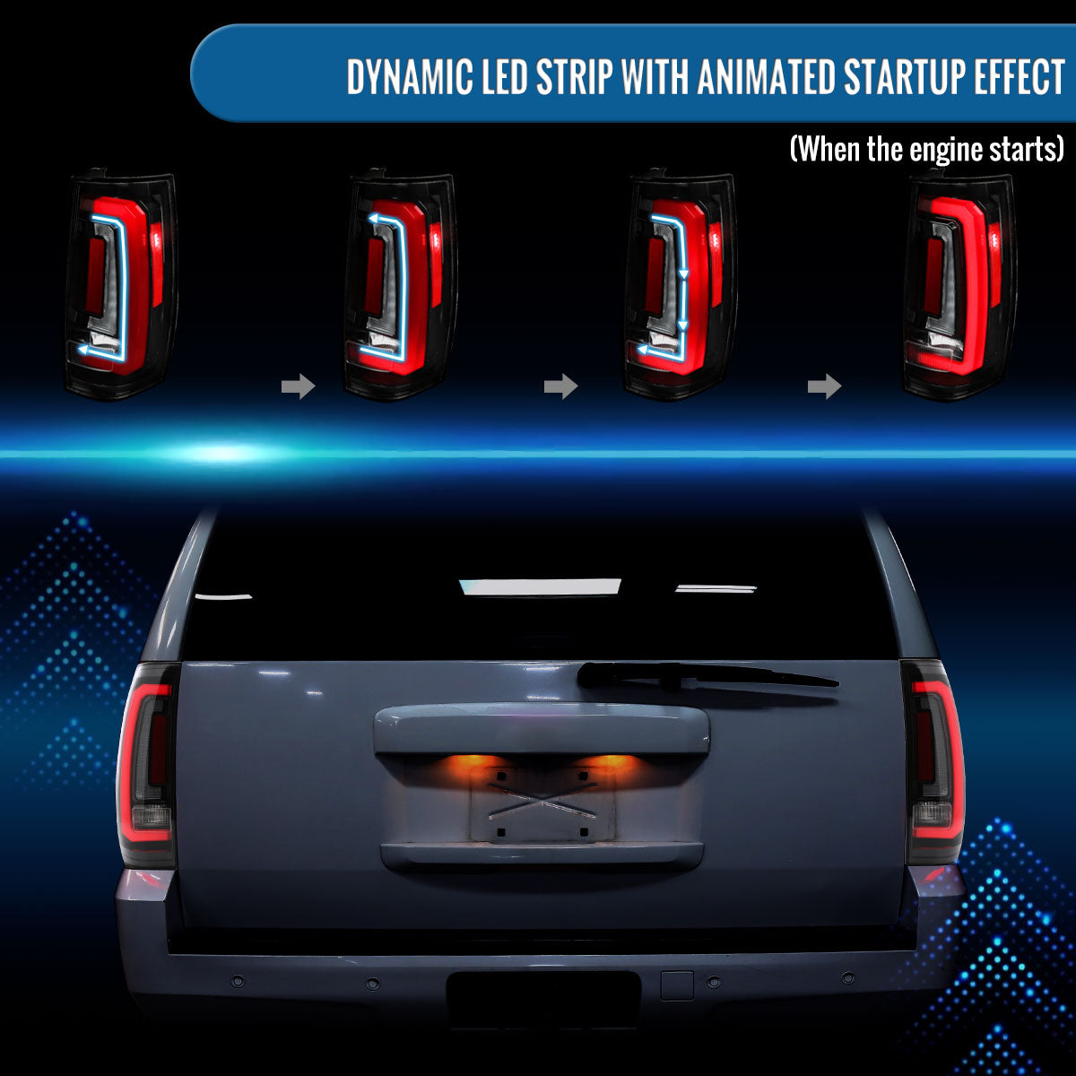 Ronnin - Fits 2007-2014 Chevy Tahoe Suburban GMC Yukon Denali XL Tail Lights LED Integrated Brake and Sequential Turn Signals + Animated Startup Effect Assembly Pair | Glossy Black