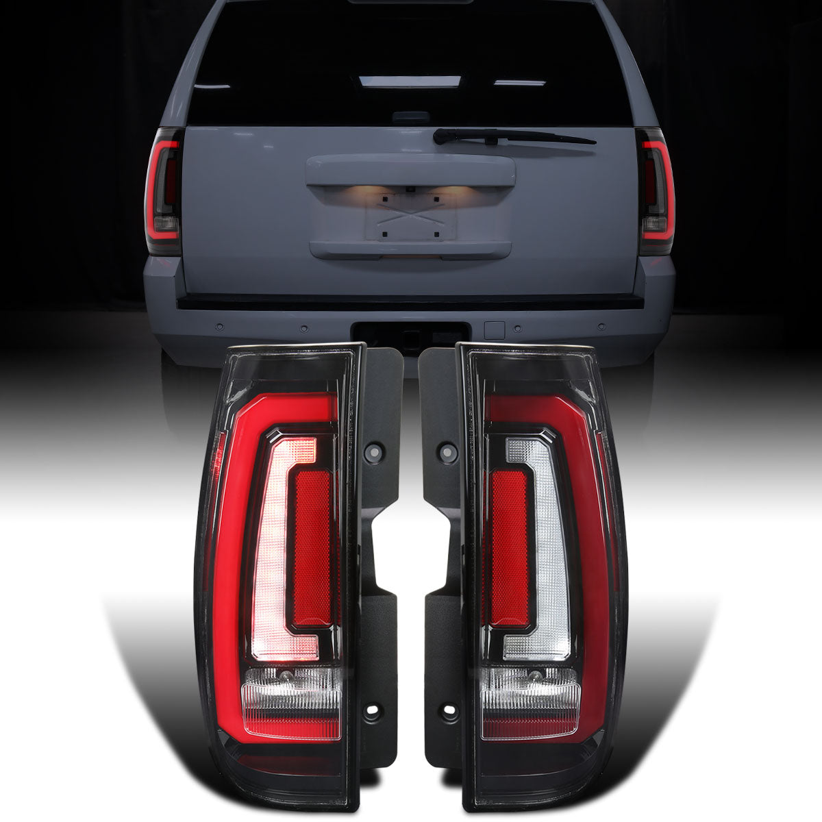 Ronnin - Fits 2007-2014 Chevy Tahoe Suburban GMC Yukon Denali XL Tail Lights LED Integrated Brake and Sequential Turn Signals + Animated Startup Effect Assembly Pair | Glossy Black