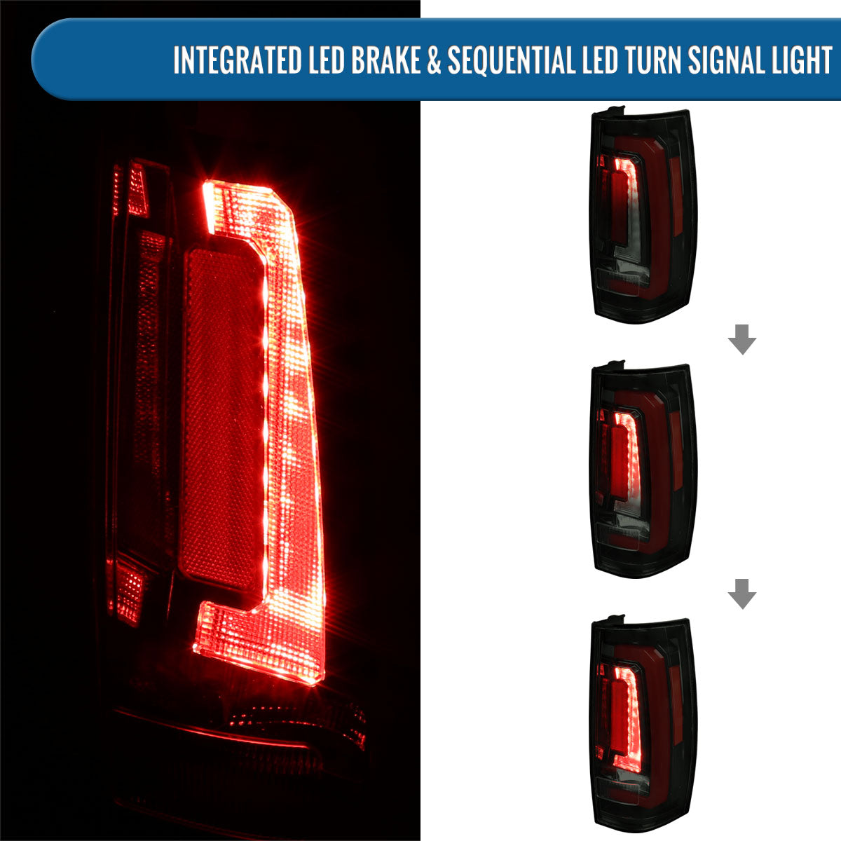 Ronnin - Fits 2007-2014 Chevy Tahoe Suburban GMC Yukon Denali XL Tail Lights LED Integrated Brake and Sequential Turn Signals + Animated Startup Effect Assembly Pair | Black Smoke