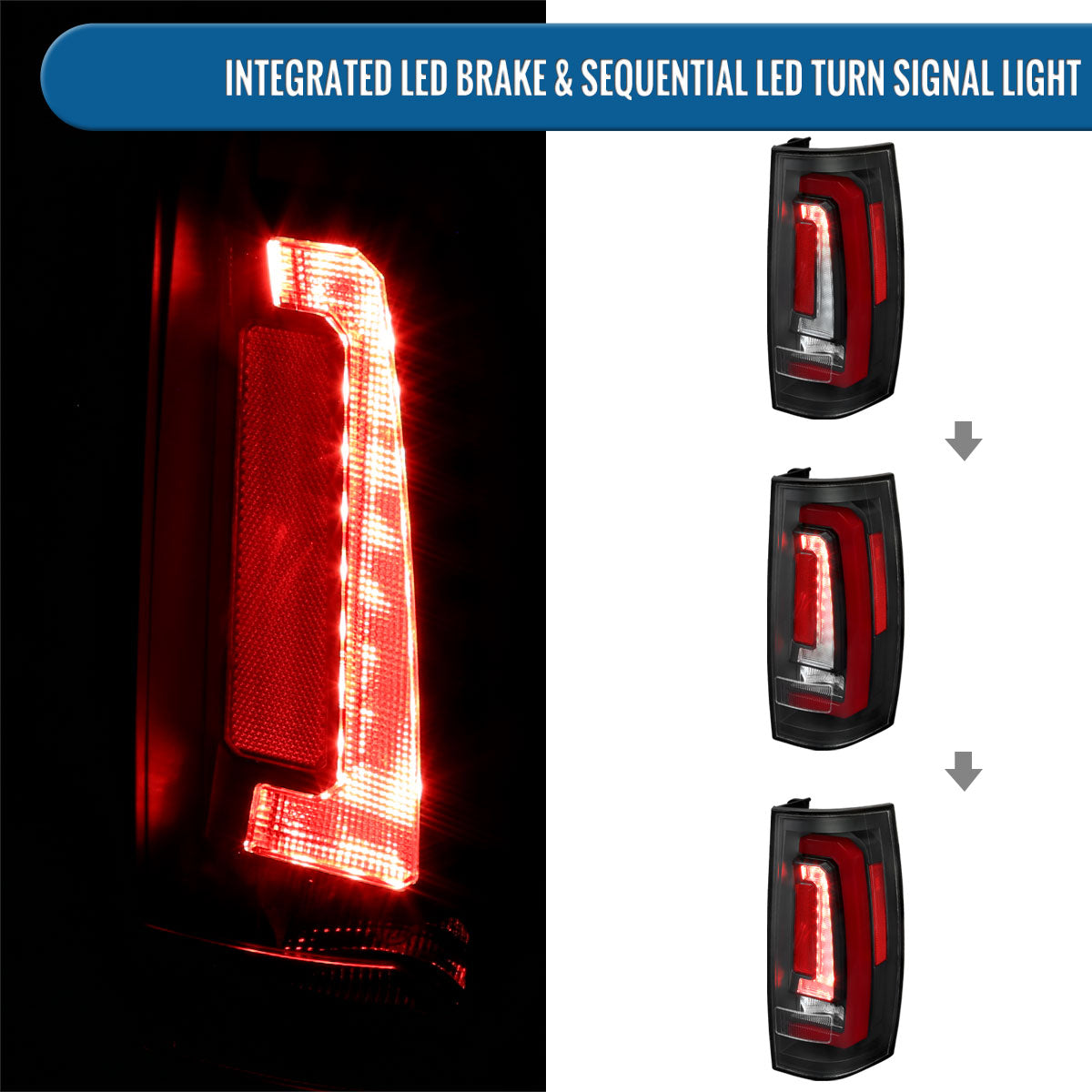 Ronnin - Fits 2007-2014 Chevy Tahoe Suburban GMC Yukon Denali XL Tail Lights LED Integrated Brake and Sequential Turn Signals + Animated Startup Effect Assembly Pair | Black