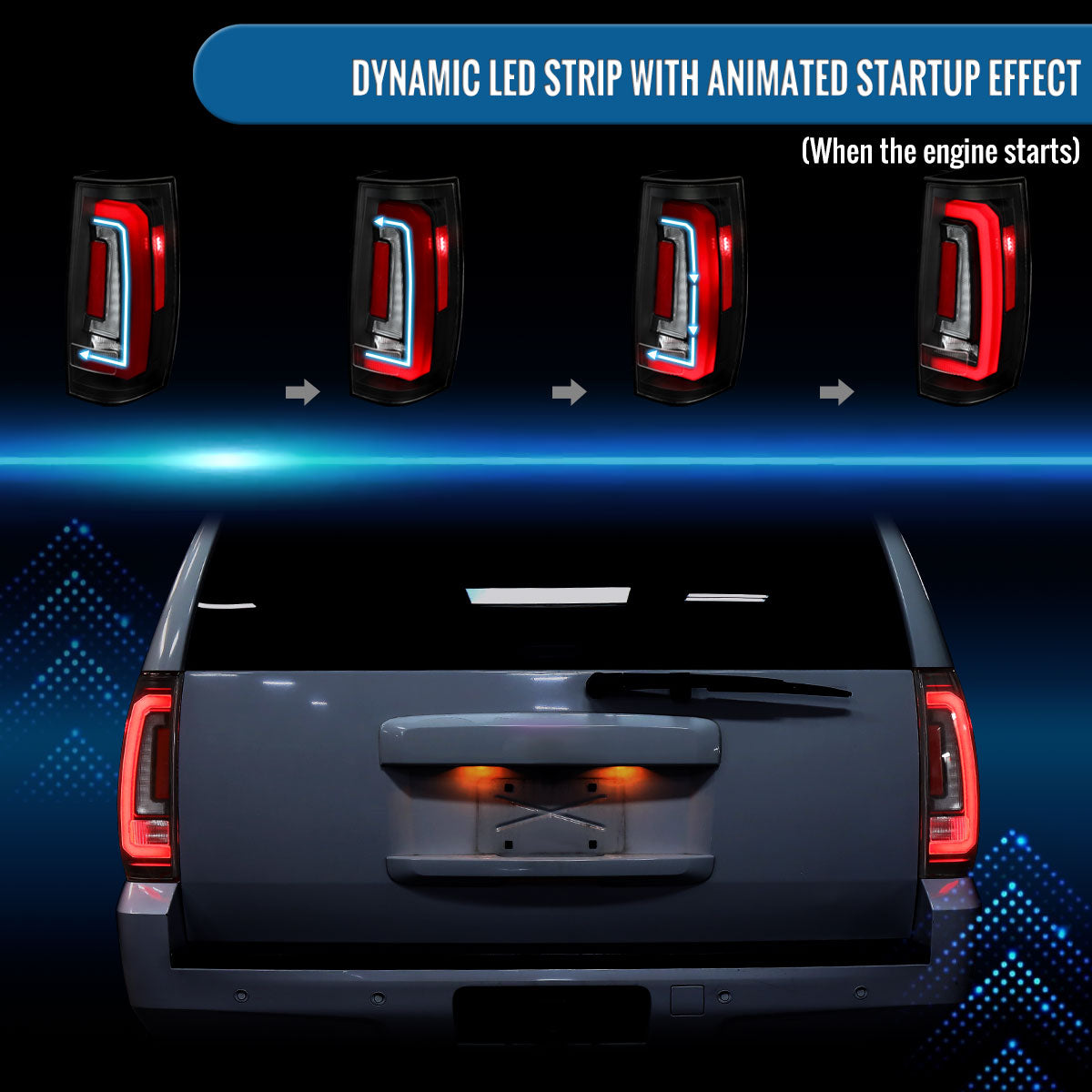 Ronnin - Fits 2007-2014 Chevy Tahoe Suburban GMC Yukon Denali XL Tail Lights LED Integrated Brake and Sequential Turn Signals + Animated Startup Effect Assembly Pair | Black