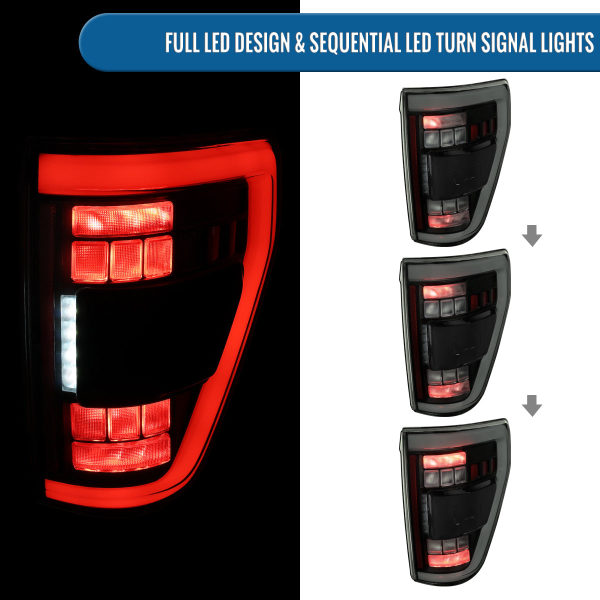 Ronnin - Fits 2021-2023 Ford F150 Full LED Tail Lights without Blind Spot Sequential Turn Signals + Animated Startup Effect Parking Assembly | Black Smoke | White Tube