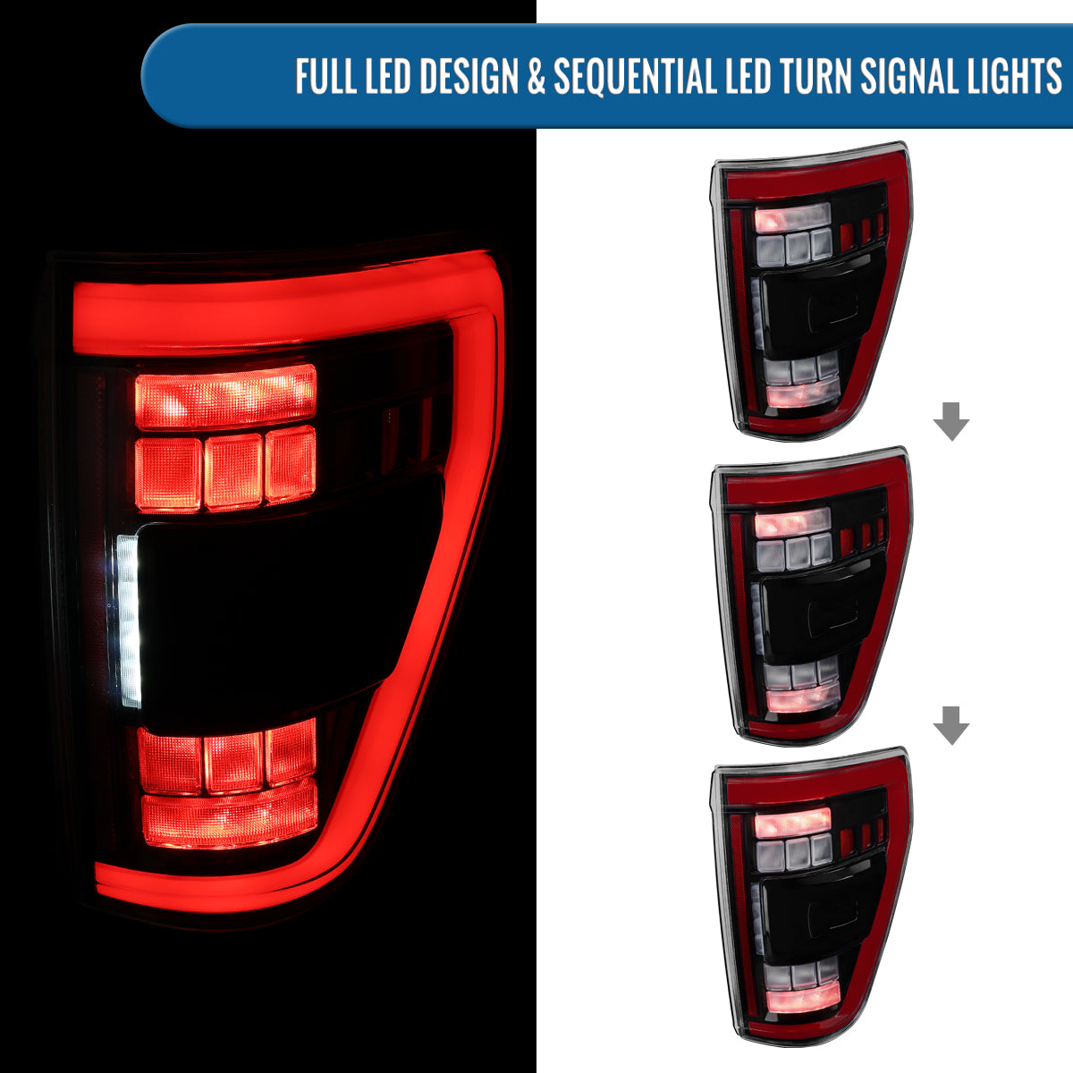 Ronnin - Fits 2021-2023 Ford F150 Full LED Tail Lights without Blind Spot Sequential Turn Signals + Animated Startup Effect Parking Assembly | Glossy Black