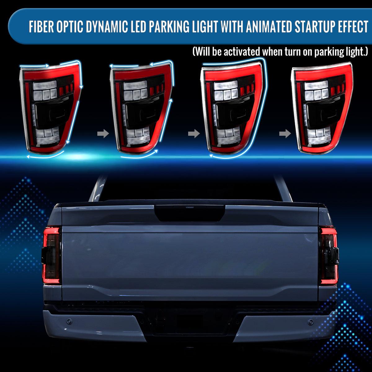 Ronnin - Fits 2021-2023 Ford F150 Full LED Tail Lights without Blind Spot Sequential Turn Signals + Animated Startup Effect Parking Assembly | Glossy Black