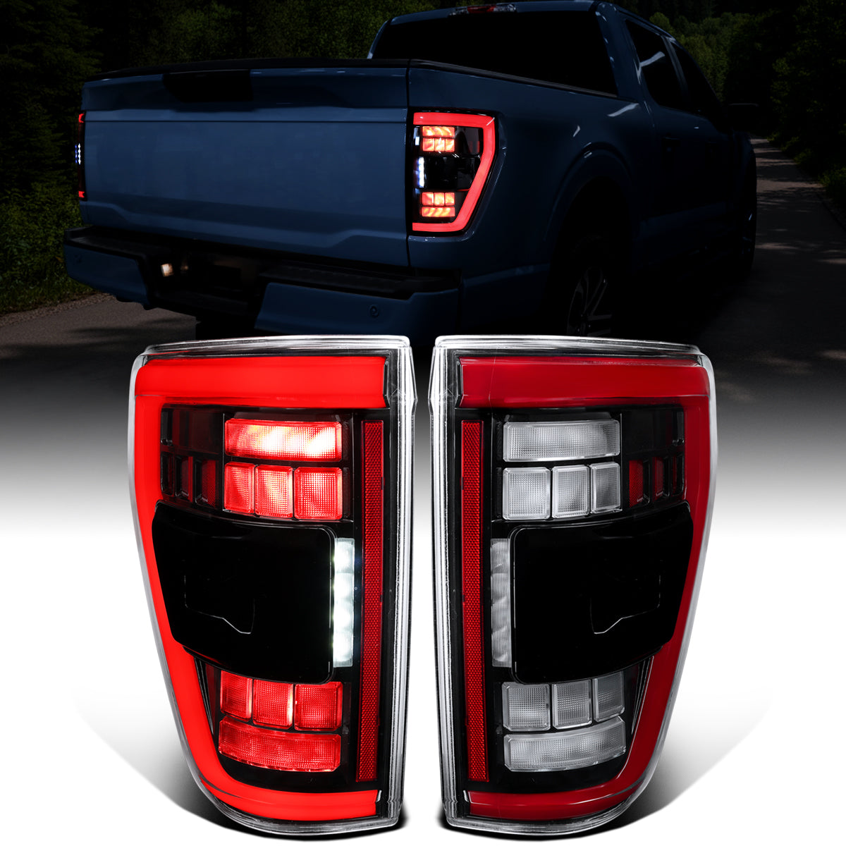 Ronnin - Fits 2021-2023 Ford F150 Full LED Tail Lights without Blind Spot Sequential Turn Signals + Animated Startup Effect Parking Assembly | Glossy Black