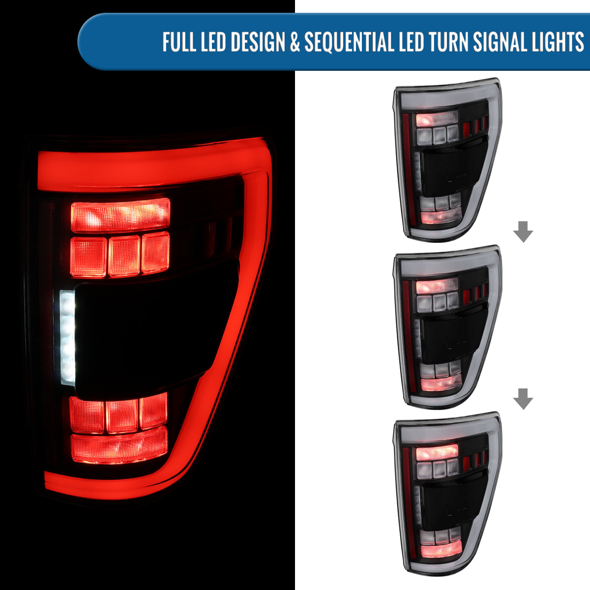 Ronnin - Fits 2021-2023 Ford F150 Full LED Tail Lights without Blind Spot Sequential Turn Signals + Animated Startup Effect Parking Assembly | Black | White Tube