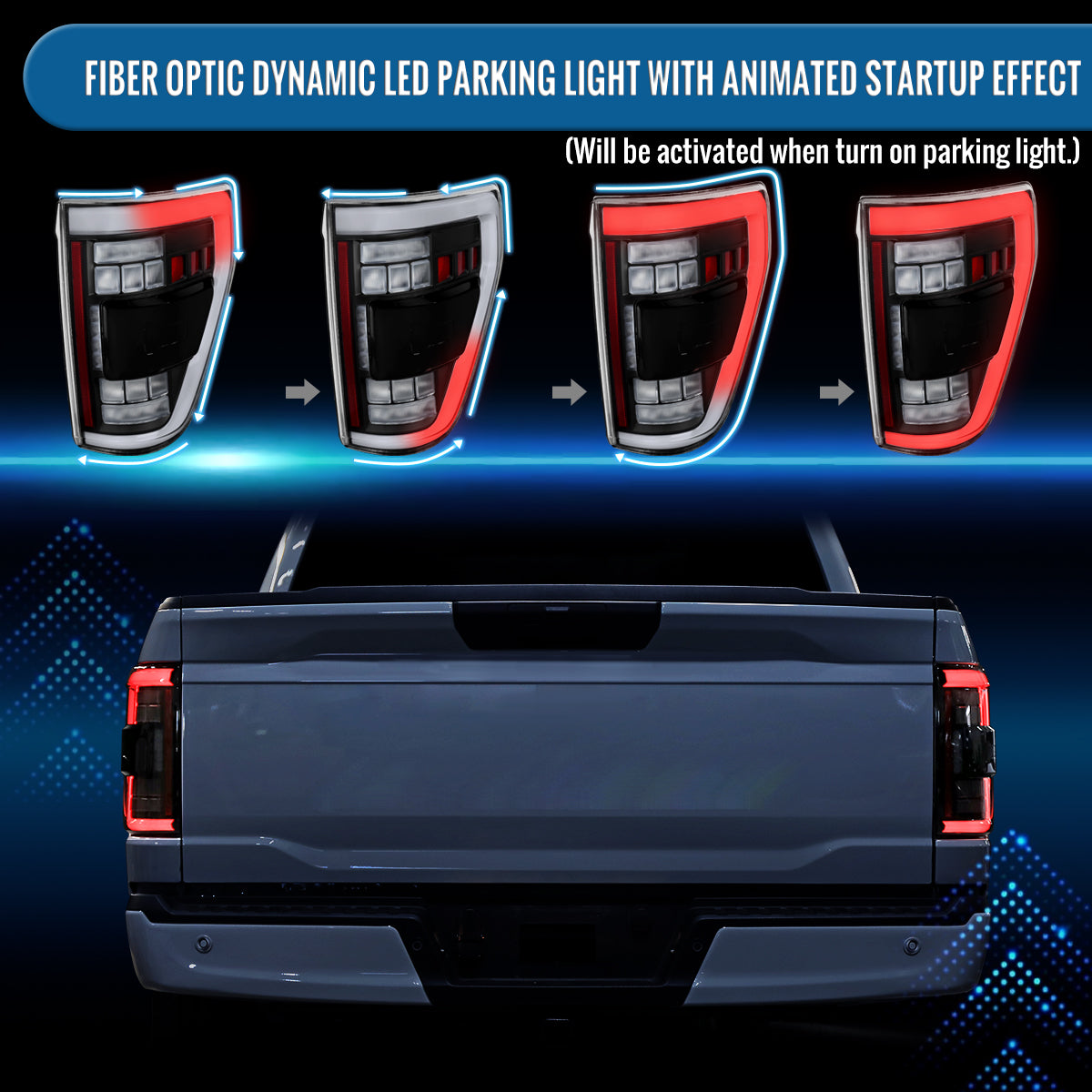 Ronnin - Fits 2021-2023 Ford F150 Full LED Tail Lights without Blind Spot Sequential Turn Signals + Animated Startup Effect Parking Assembly | Black | White Tube