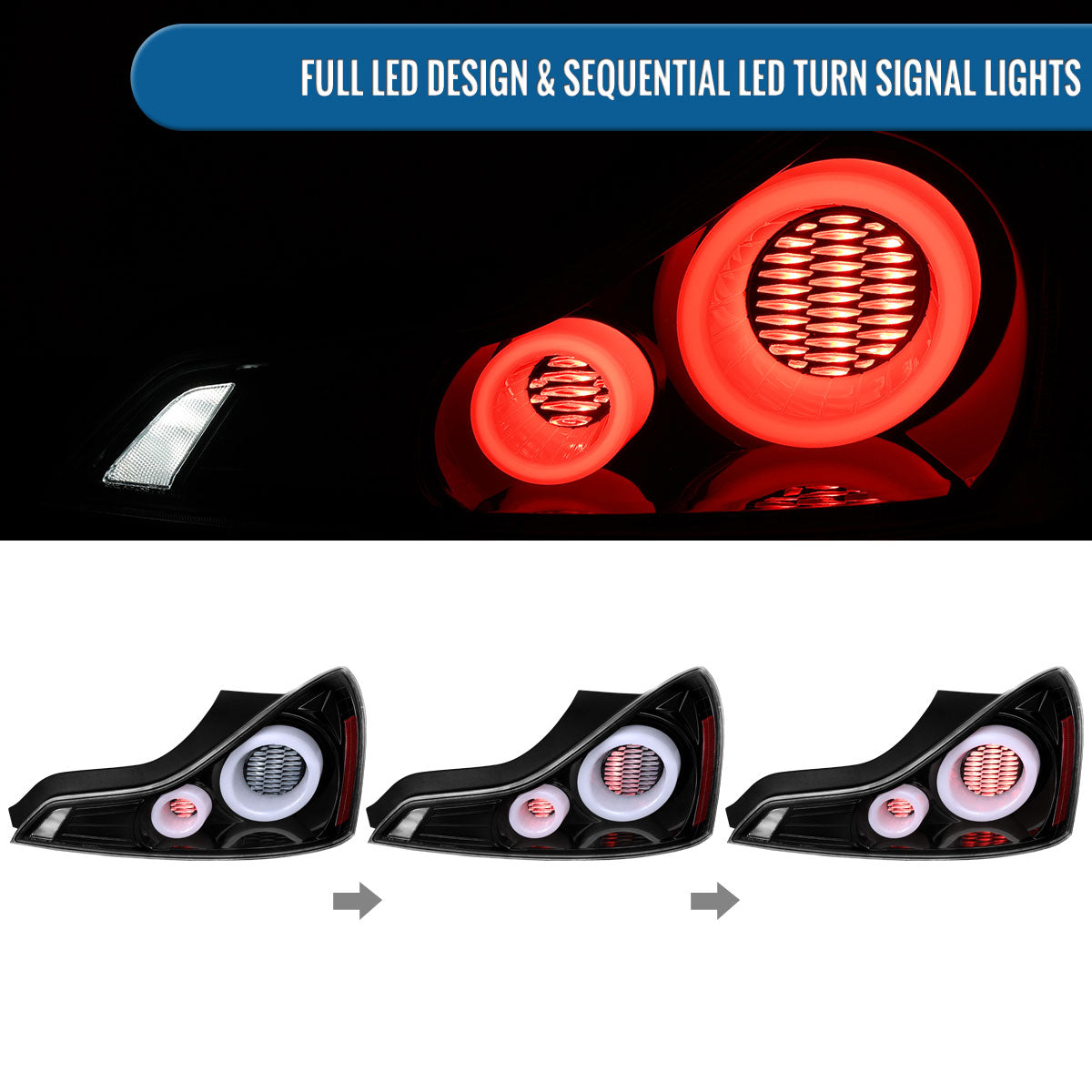 Ronnin - Fits 2008-2013 Infiniti G37 Coupe 2014-2015 Infiniti Q60 Coupe Upgraded Replacement Full LED Tail Lights Animated Startup Effect + Sequential Signal Lamps Assembly Pair | Gloss Black | White Tube
