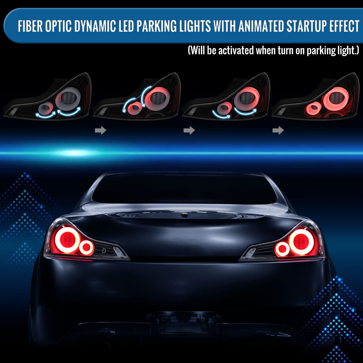 Ronnin - Fits 2008-2013 Infiniti G37 Coupe 2014-2015 Infiniti Q60 Coupe Upgraded Replacement Full LED Tail Lights Animated Startup Effect + Sequential Signal Lamps Assembly Pair | Gloss Black | White Tube