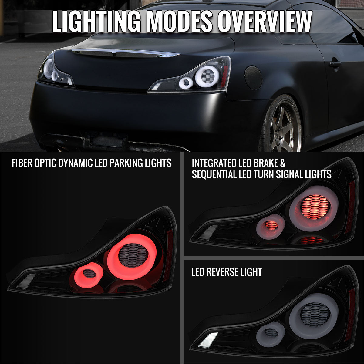 Ronnin - Fits 2008-2013 Infiniti G37 Coupe 2014-2015 Infiniti Q60 Coupe Upgraded Replacement Full LED Tail Lights Animated Startup Effect + Sequential Signal Lamps Assembly Pair | Gloss Black | White Tube