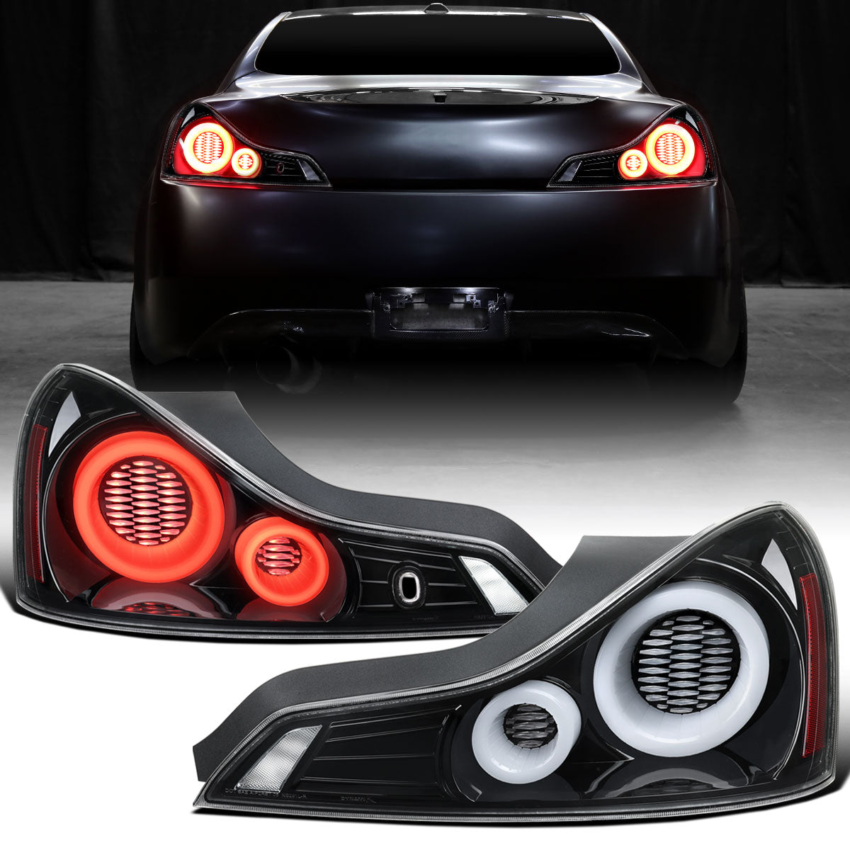 Ronnin - Fits 2008-2013 Infiniti G37 Coupe 2014-2015 Infiniti Q60 Coupe Upgraded Replacement Full LED Tail Lights Animated Startup Effect + Sequential Signal Lamps Assembly Pair | Gloss Black | White Tube