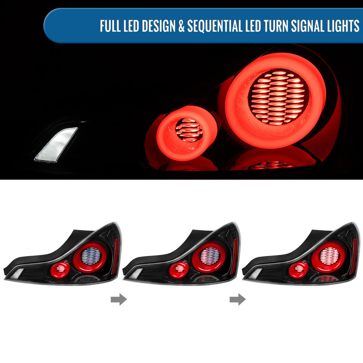 Ronnin - Fits 2008-2013 Infiniti G37 Coupe 2014-2015 Infiniti Q60 Coupe Upgraded Replacement Full LED Tail Lights Animated Startup Effect + Sequential Signal Lamps Assembly Pair | Gloss Black