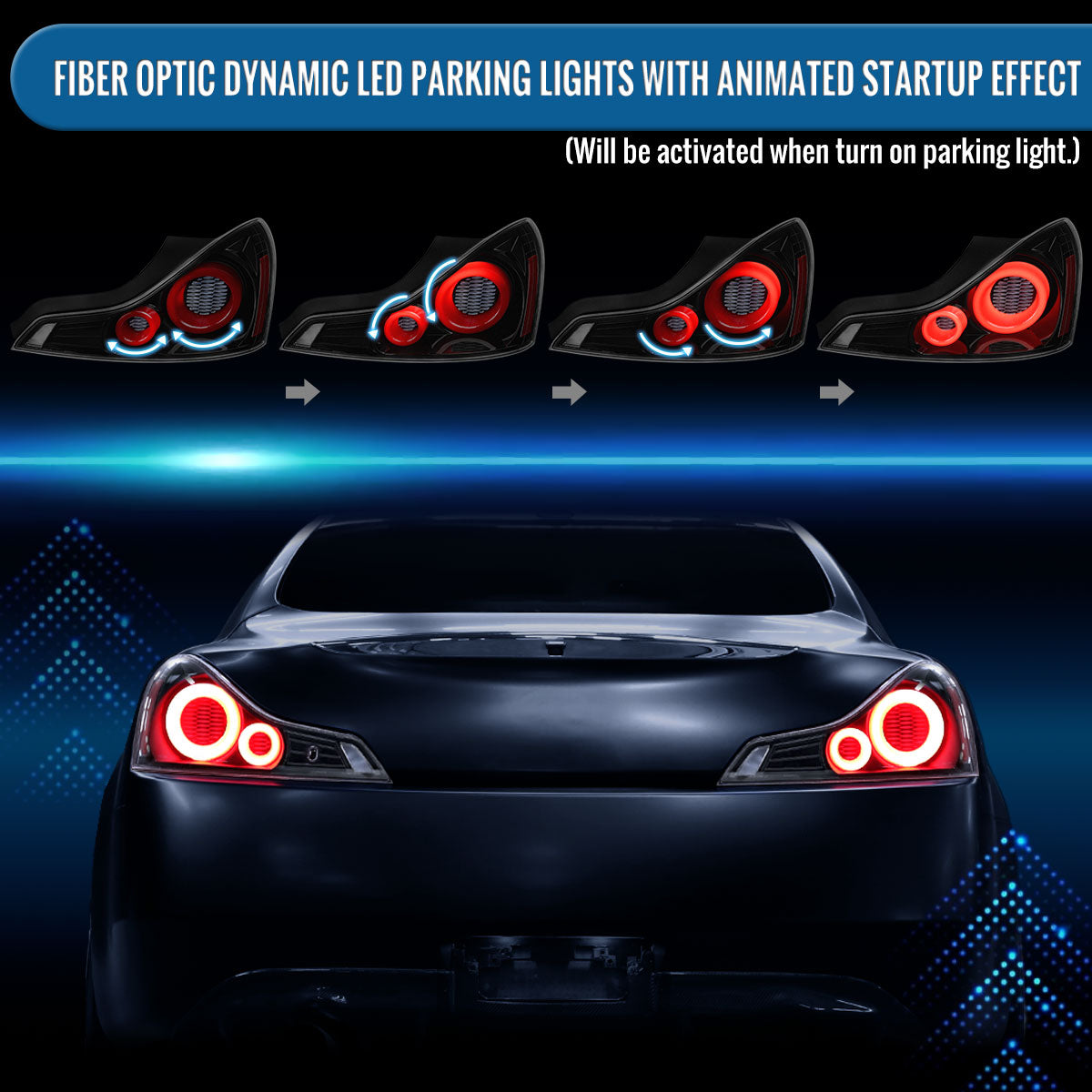 Ronnin - Fits 2008-2013 Infiniti G37 Coupe 2014-2015 Infiniti Q60 Coupe Upgraded Replacement Full LED Tail Lights Animated Startup Effect + Sequential Signal Lamps Assembly Pair | Gloss Black