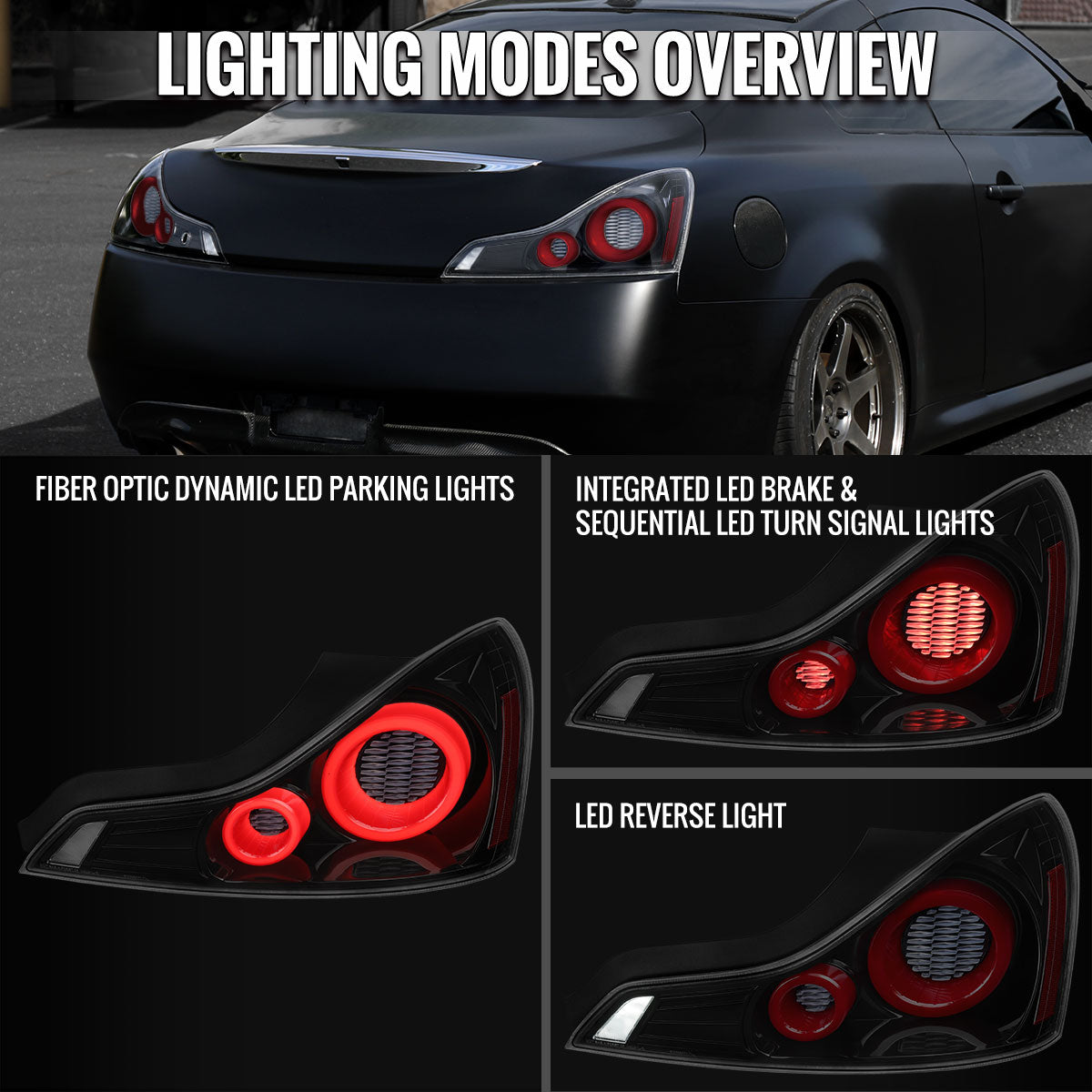 Ronnin - Fits 2008-2013 Infiniti G37 Coupe 2014-2015 Infiniti Q60 Coupe Upgraded Replacement Full LED Tail Lights Animated Startup Effect + Sequential Signal Lamps Assembly Pair | Gloss Black