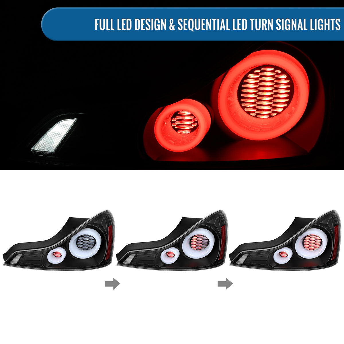 Ronnin - Fits 2008-2013 Infiniti G37 Coupe 2014-2015 Infiniti Q60 Coupe Upgraded Replacement Full LED Tail Lights Animated Startup Effect + Sequential Signal Lamps Assembly Pair | Black