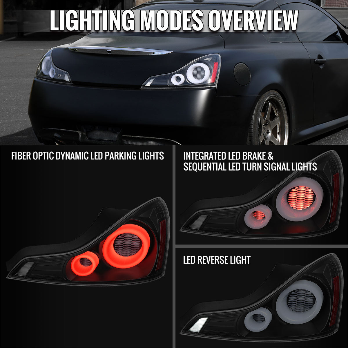 Ronnin - Fits 2008-2013 Infiniti G37 Coupe 2014-2015 Infiniti Q60 Coupe Upgraded Replacement Full LED Tail Lights Animated Startup Effect + Sequential Signal Lamps Assembly Pair | Black