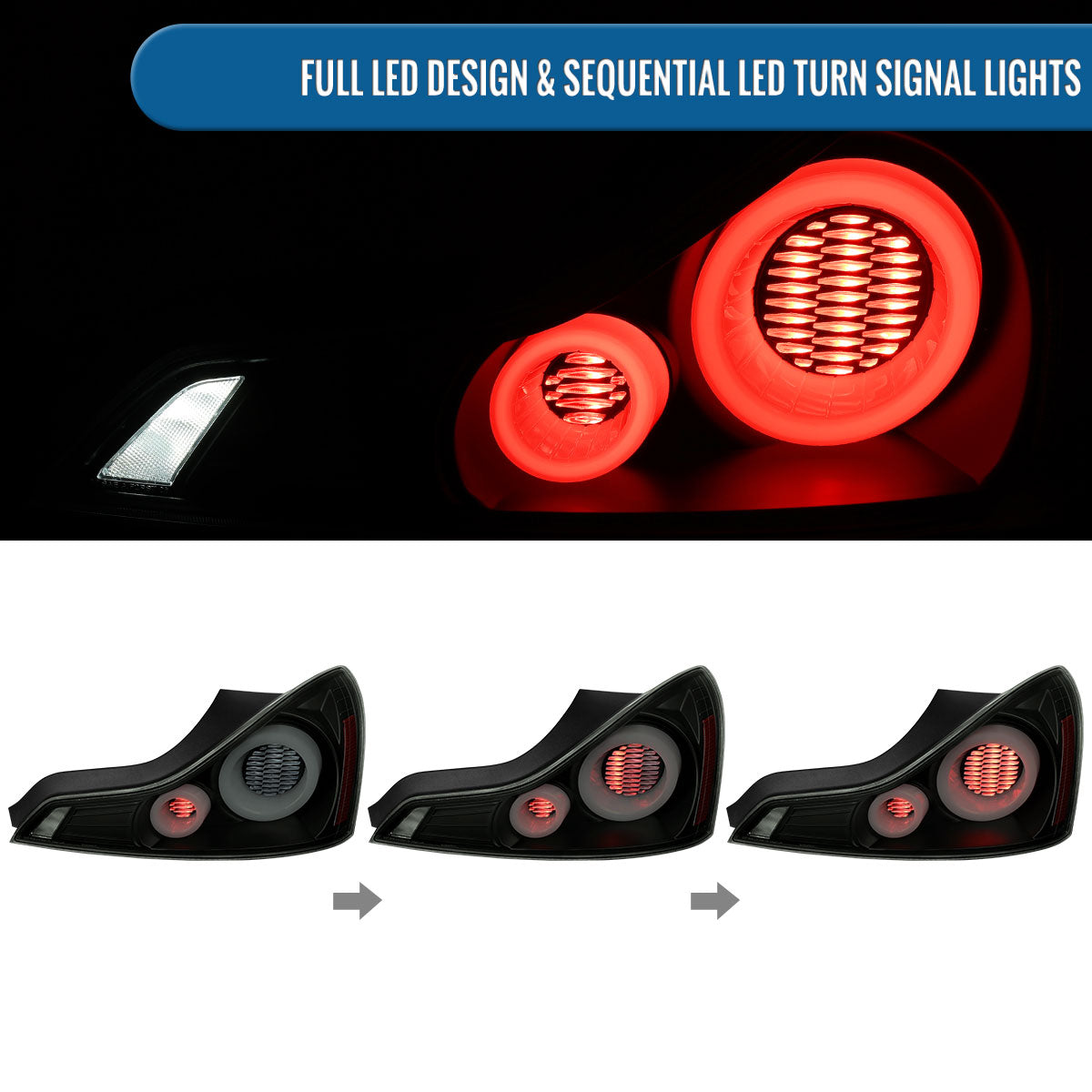 Ronnin - Fits 2008-2013 Infiniti G37 Coupe 2014-2015 Infiniti Q60 Coupe Upgraded Replacement Full LED Tail Lights Animated Startup Effect + Sequential Signal Lamps Assembly Pair | Black Smoke | White Tube