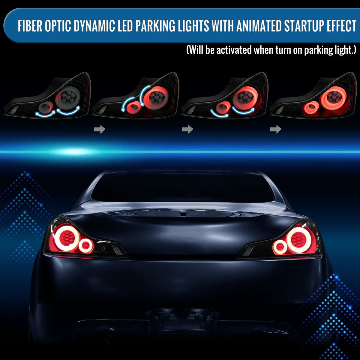 Ronnin - Fits 2008-2013 Infiniti G37 Coupe 2014-2015 Infiniti Q60 Coupe Upgraded Replacement Full LED Tail Lights Animated Startup Effect + Sequential Signal Lamps Assembly Pair | Black Smoke | White Tube