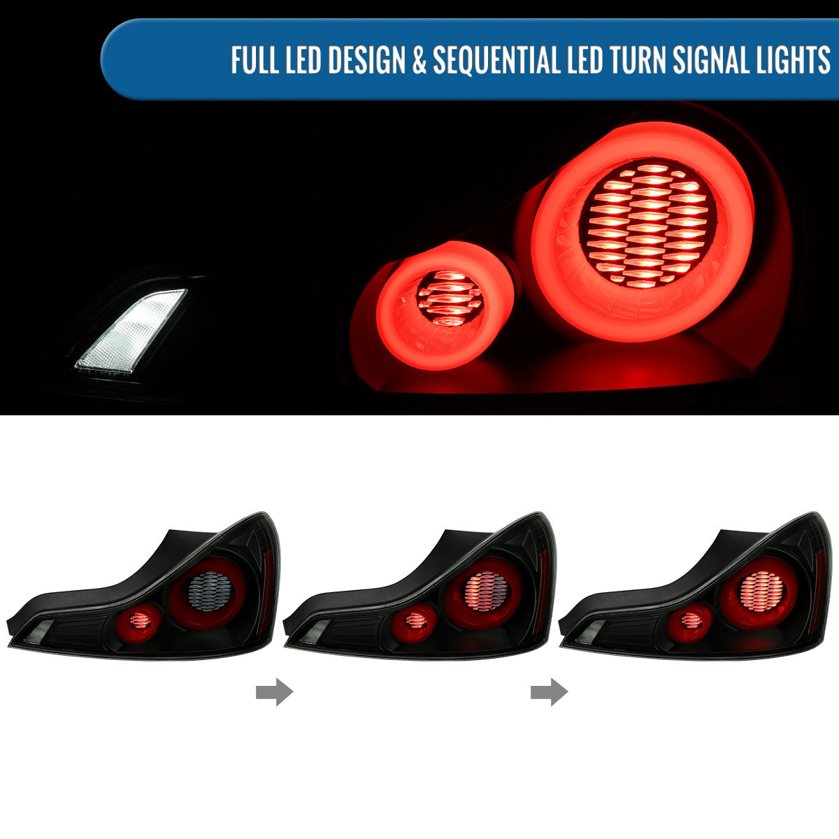 Ronnin - Fits 2008-2013 Infiniti G37 Coupe 2014-2015 Infiniti Q60 Coupe Upgraded Replacement Full LED Tail Lights Animated Startup Effect + Sequential Signal Lamps Assembly Pair | Black Smoke