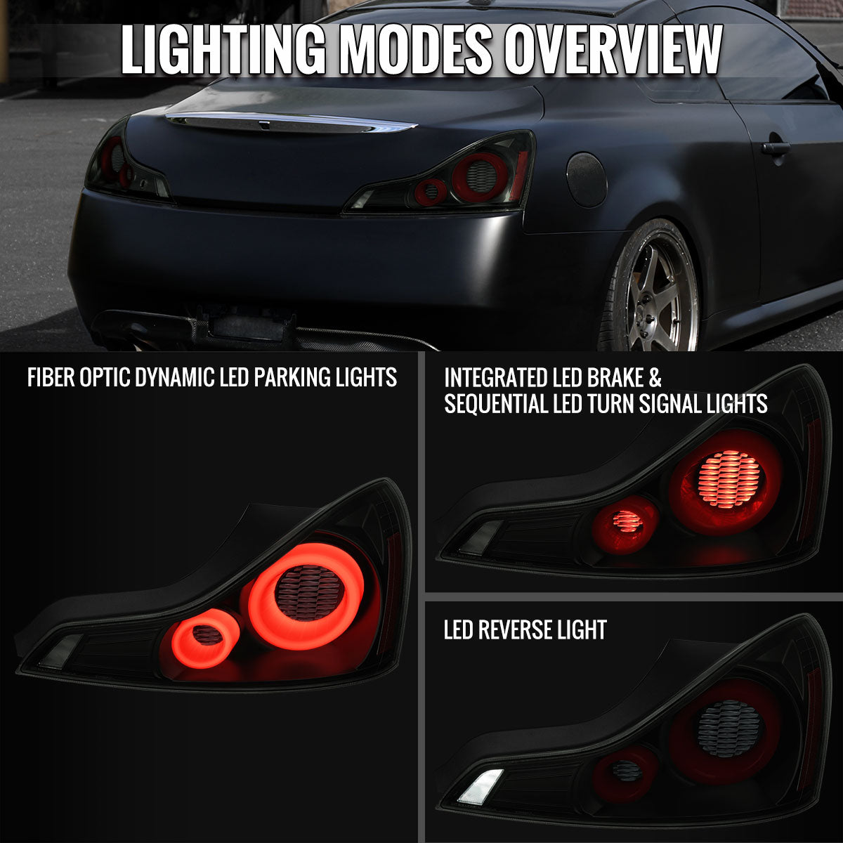 Ronnin - Fits 2008-2013 Infiniti G37 Coupe 2014-2015 Infiniti Q60 Coupe Upgraded Replacement Full LED Tail Lights Animated Startup Effect + Sequential Signal Lamps Assembly Pair | Black Smoke