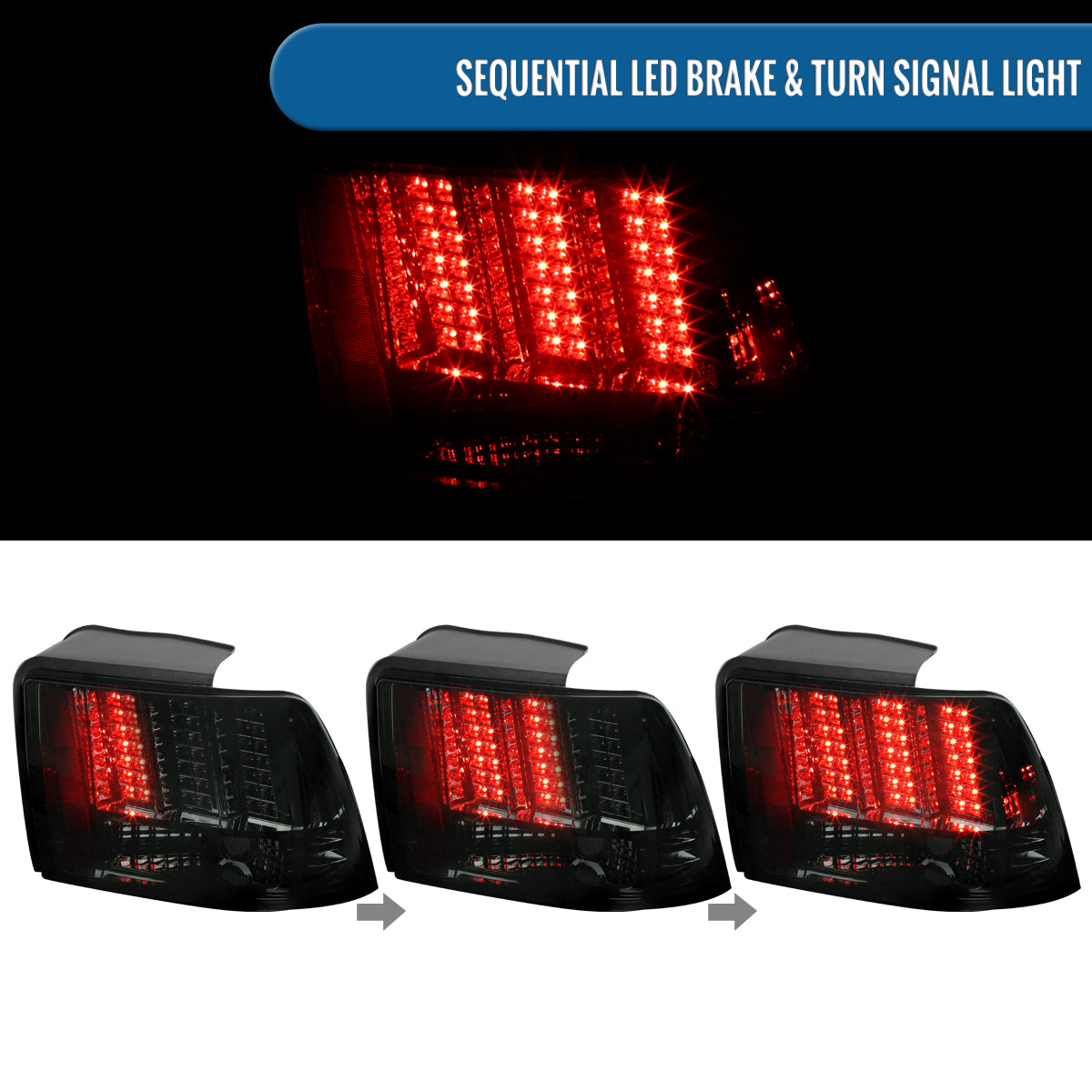 Ronnin - Fits 1999-2004 Ford Mustang Upgraded LED Sequential Turn Signals Tail Lights Assembly Pair | Smoke