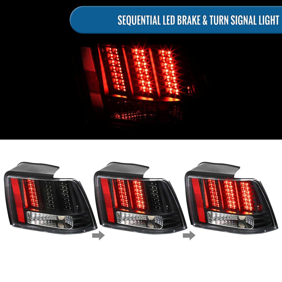 Ronnin - Fits 1999-2004 Ford Mustang Upgraded LED Sequential Turn Signals Tail Lights Assembly Pair | Black