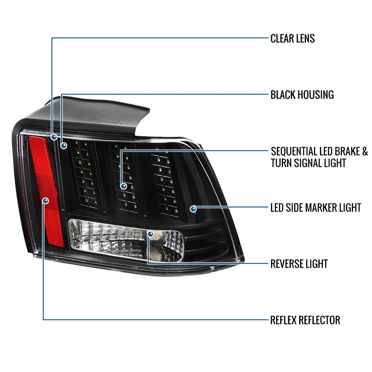 Ronnin - Fits 1999-2004 Ford Mustang Upgraded LED Sequential Turn Signals Tail Lights Assembly Pair | Black